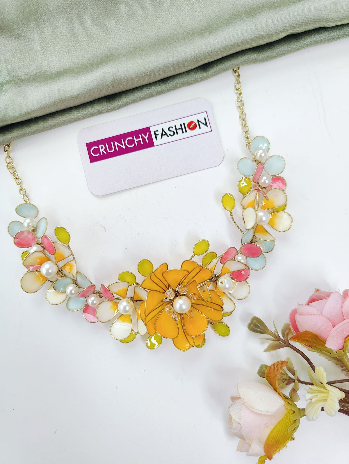 yellow resin floral jewellery set, lightweight haldi jewellery for bride