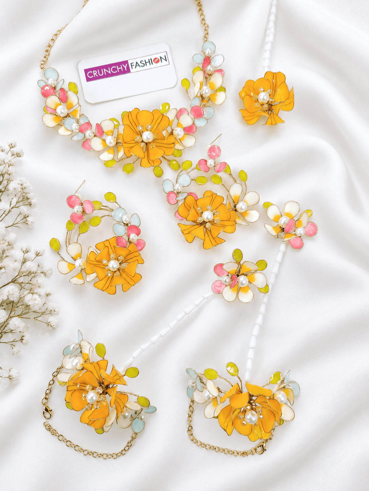 yellow resin floral jewellery set, lightweight haldi jewellery for bride