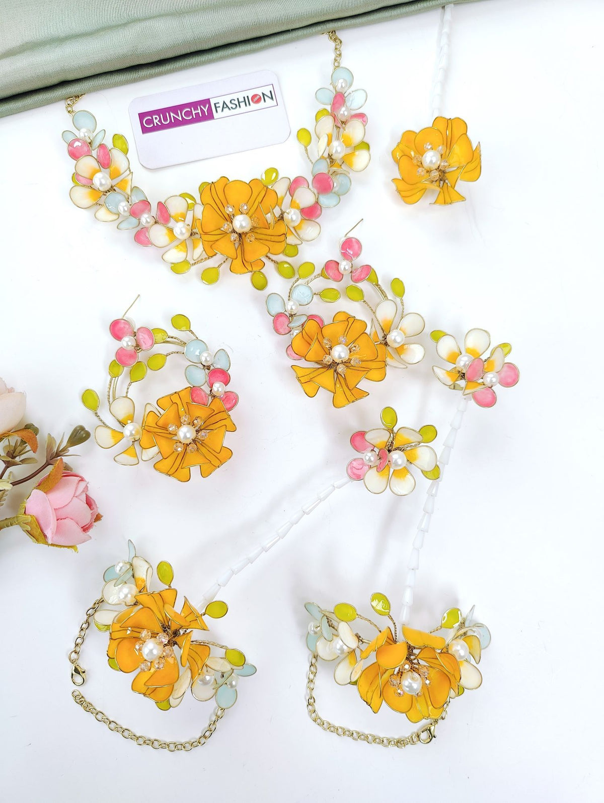 yellow resin floral jewellery set, lightweight haldi jewellery for bride
