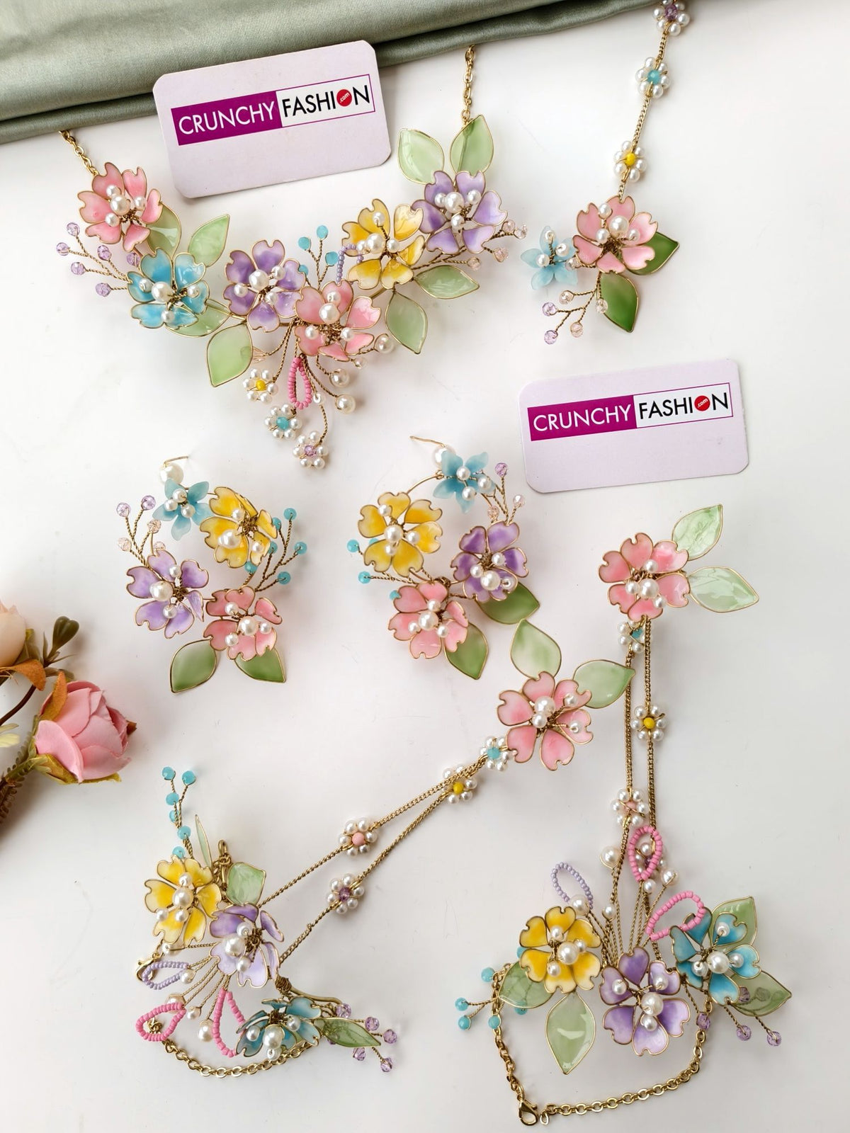rainbow color floral resin jewellery set for haldi mehndi