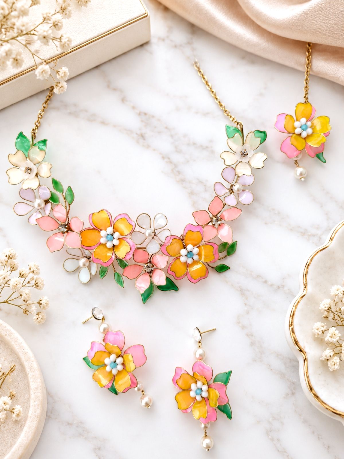 multicolor resin jewellery set, floral haldi mehndi jewelry