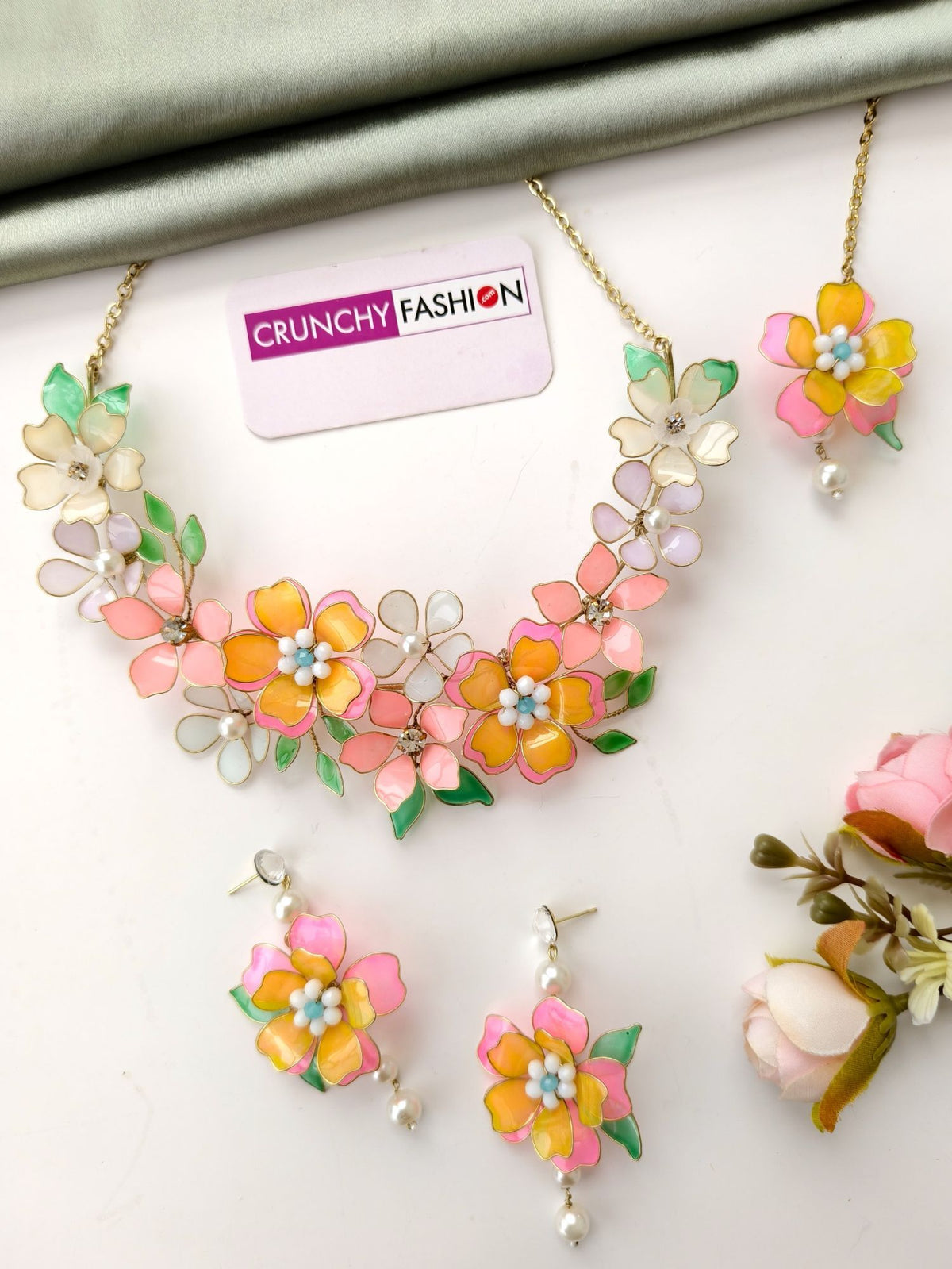multicolor resin jewellery set, floral haldi mehndi jewelry