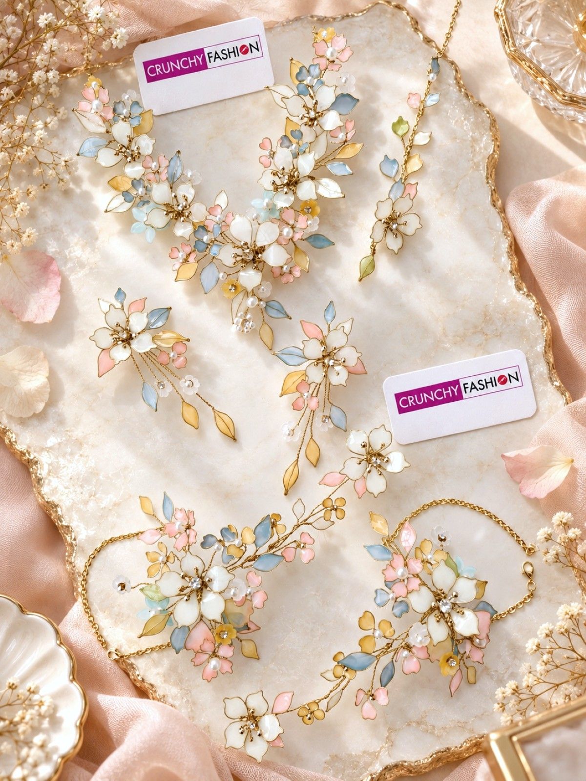pastel resin floral jewellery set for haldi and mehndi, lightweight