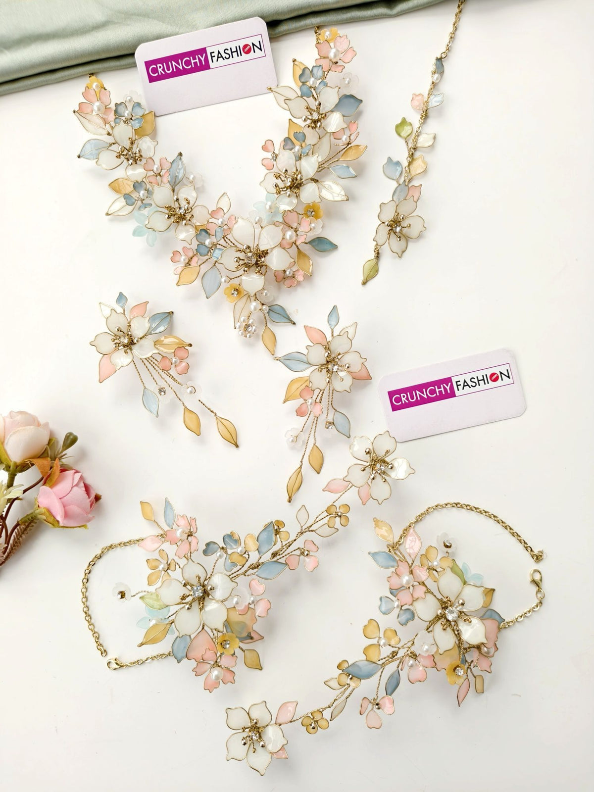 pastel resin floral jewellery set for haldi and mehndi, lightweight