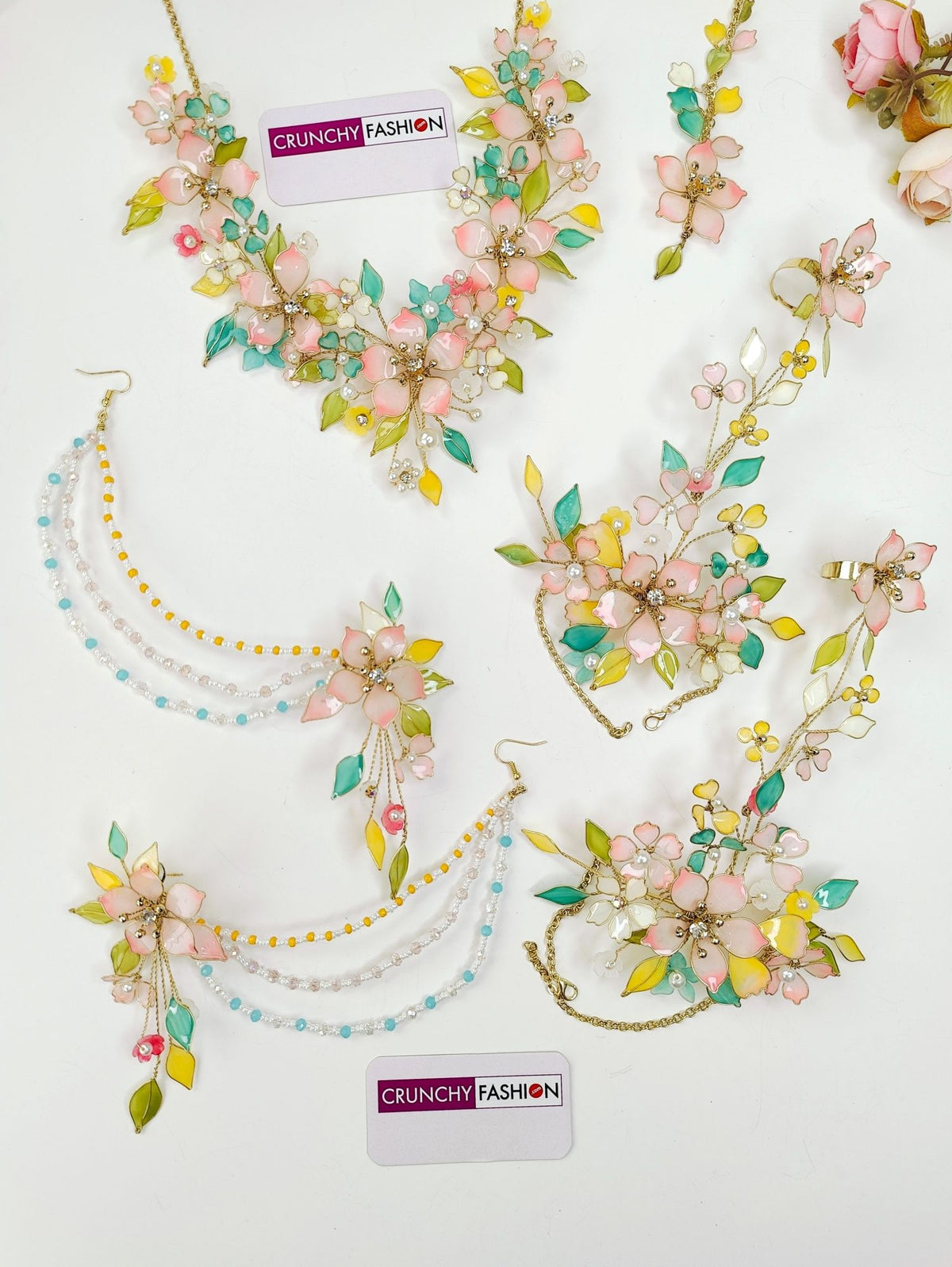 Designer resin floral bridal jewellery set in yellow, green, pink