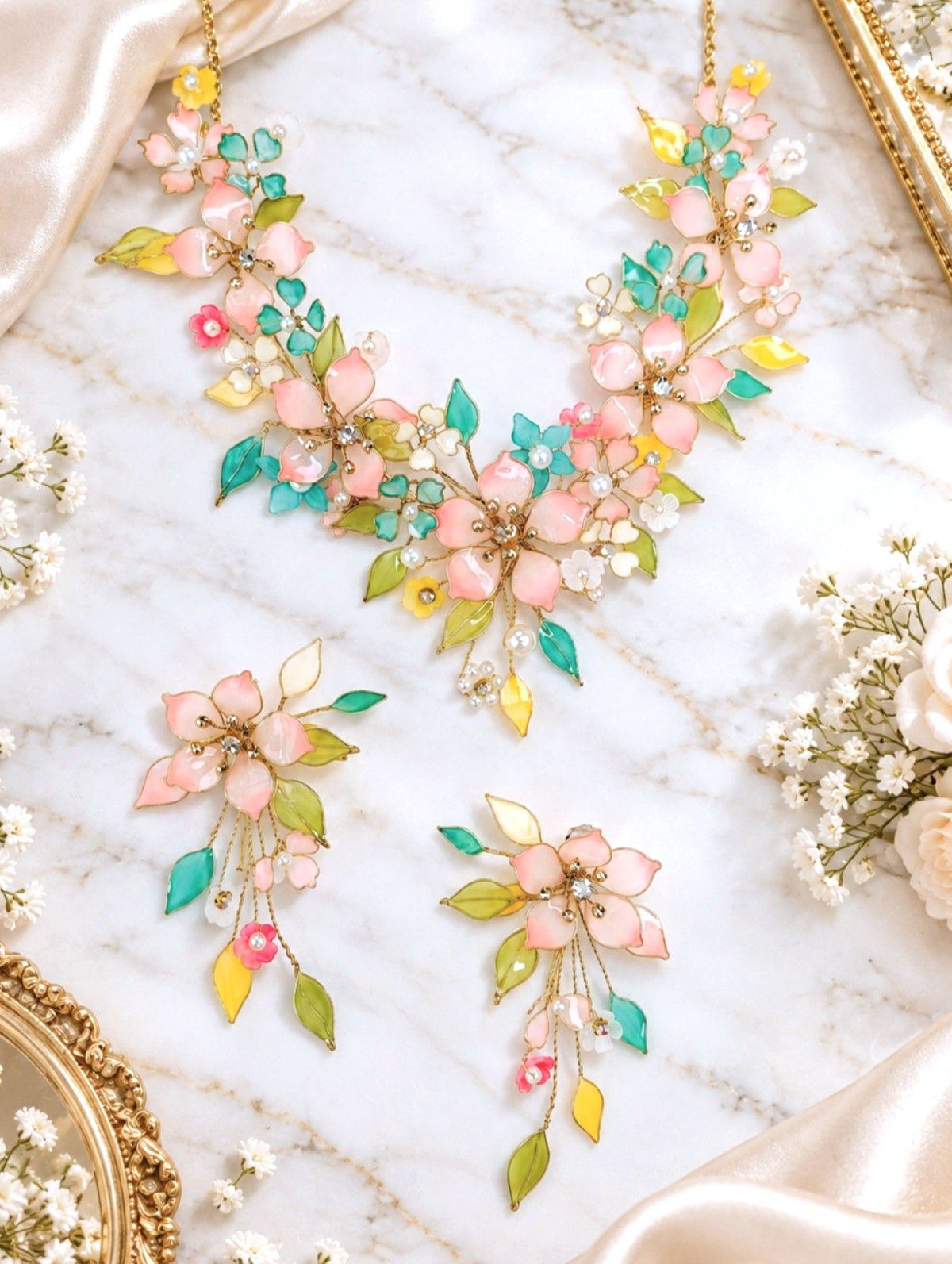 Designer resin floral bridal jewellery set in yellow, green, pink