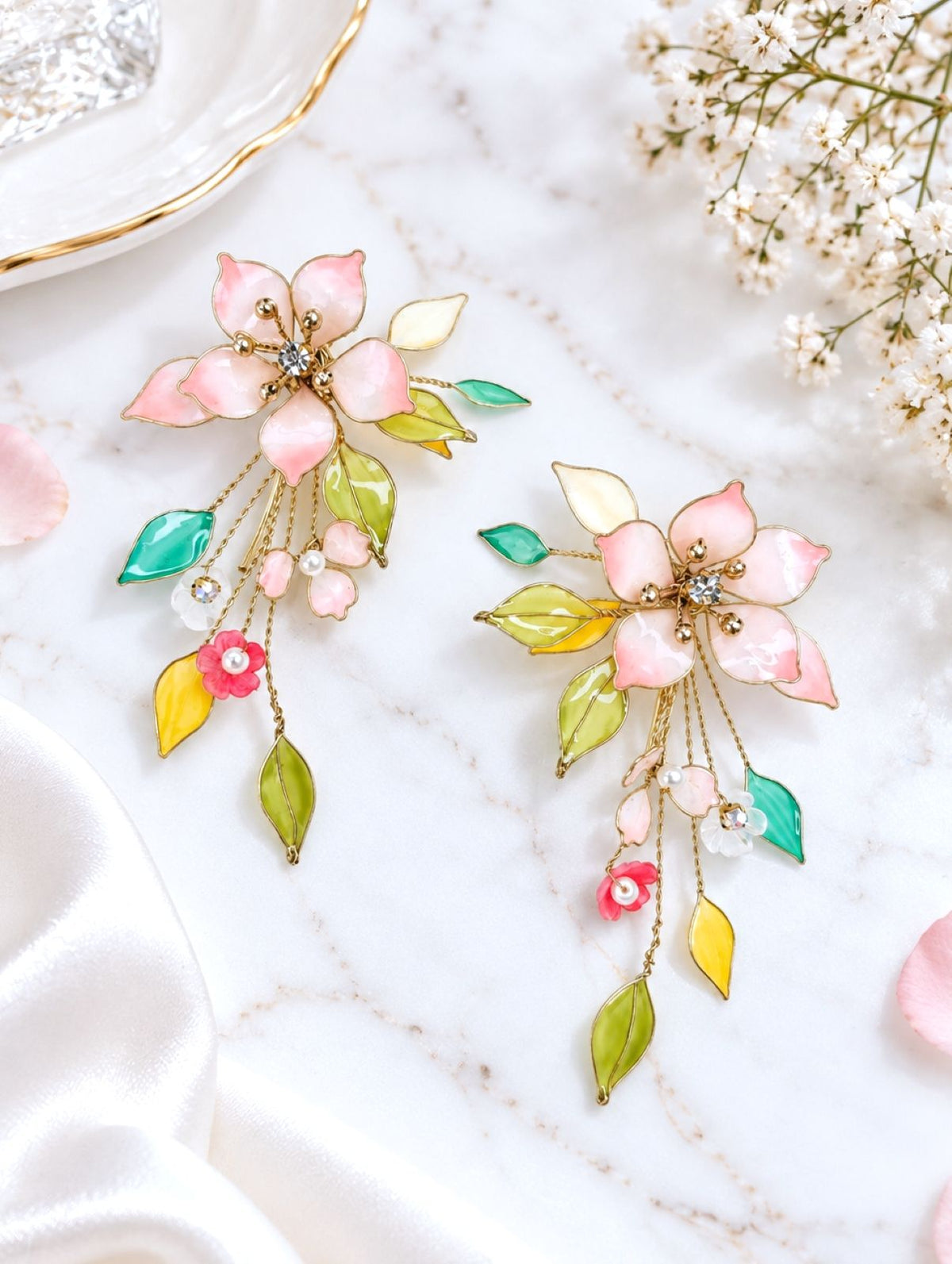 Designer resin floral bridal jewellery set in yellow, green, pink