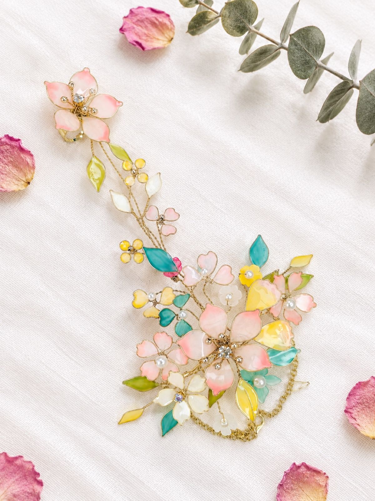 Designer resin floral bridal jewellery set in yellow, green, pink