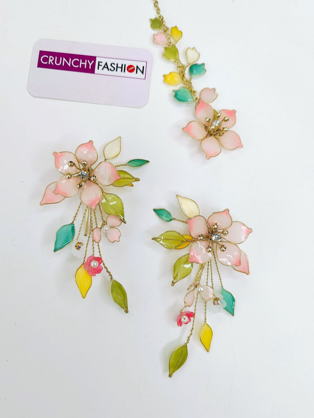 Designer resin floral bridal jewellery set in yellow, green, pink