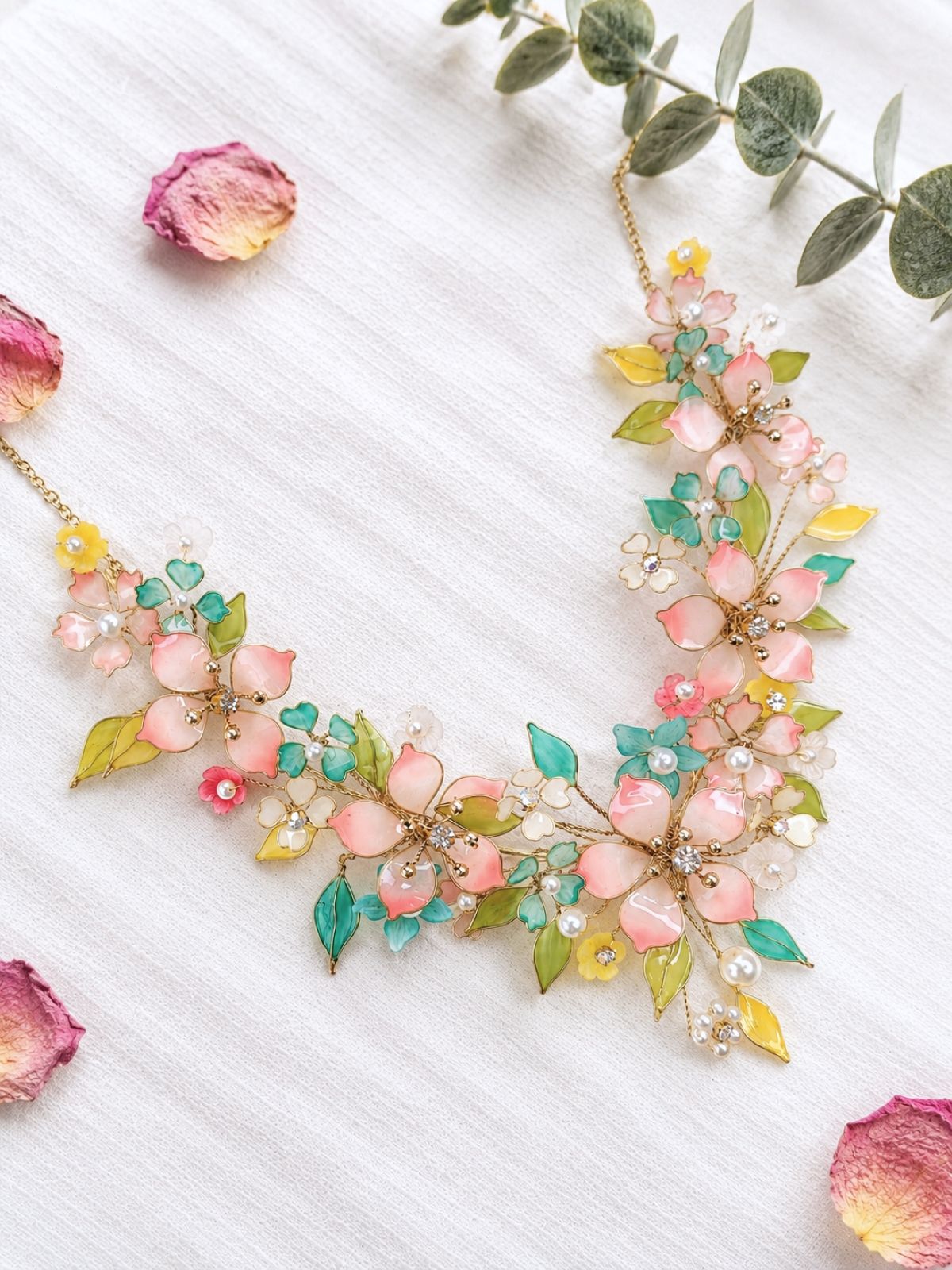 Designer resin floral bridal jewellery set in yellow, green, pink