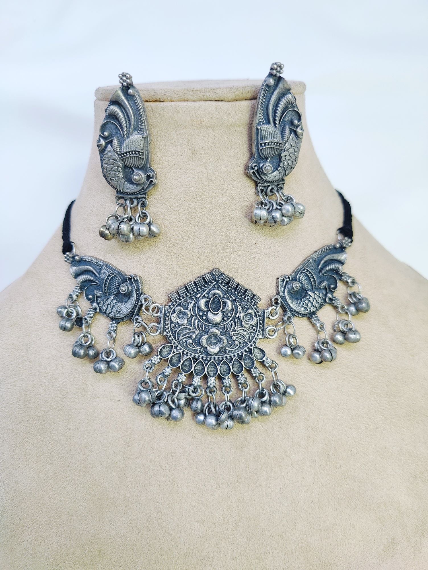 Silver Oxidised Jewellery Set: Ghoonroo Choker Necklace for Women