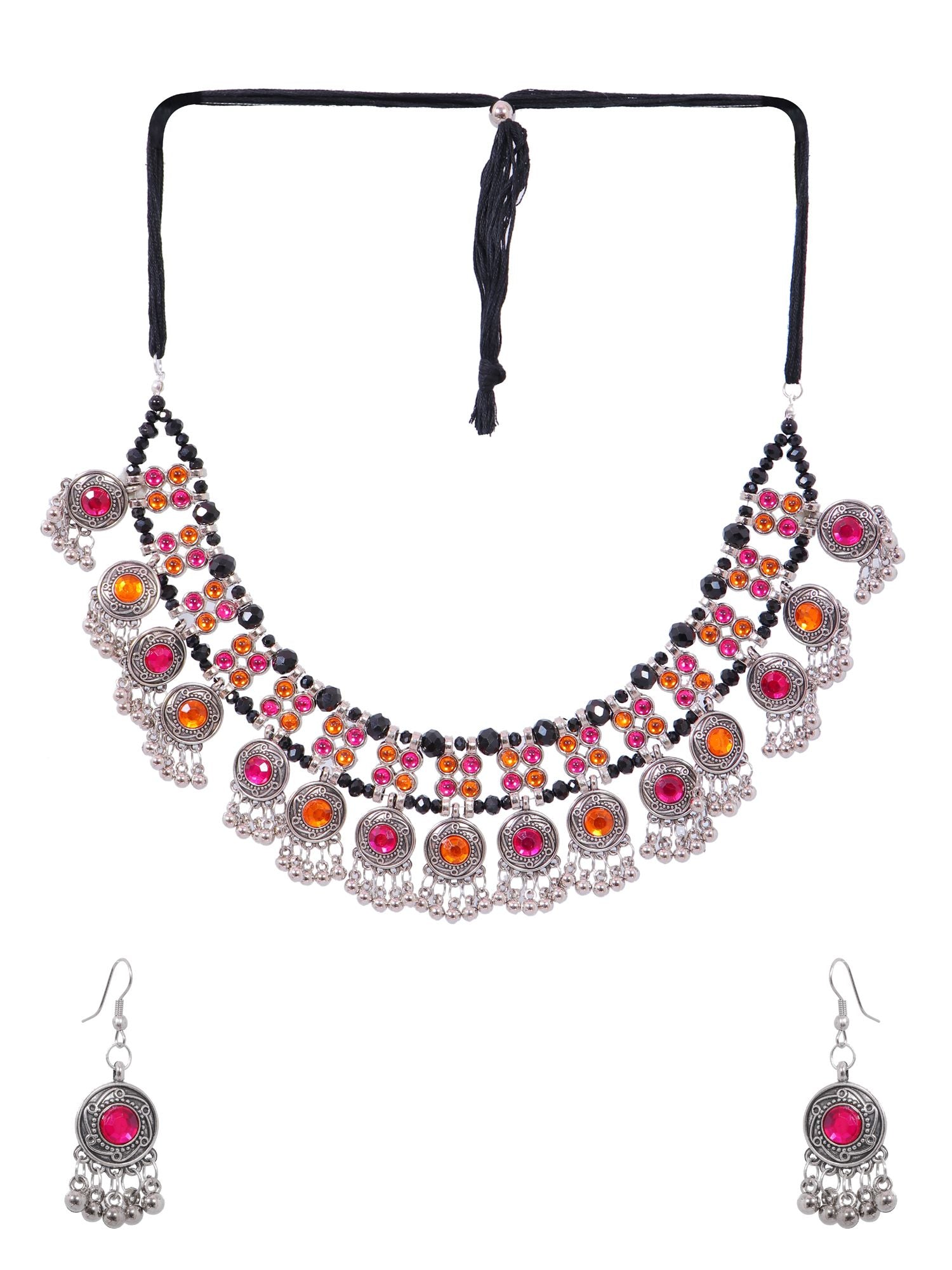 Elegant silver oxidised jewellery set featuring antique designs, perfect for those seeking oxidised jewellery near me