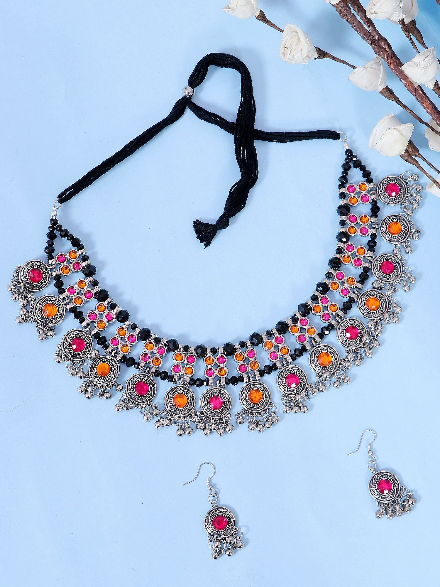Elegant silver oxidised jewellery set featuring antique designs, perfect for those seeking oxidised jewellery near me