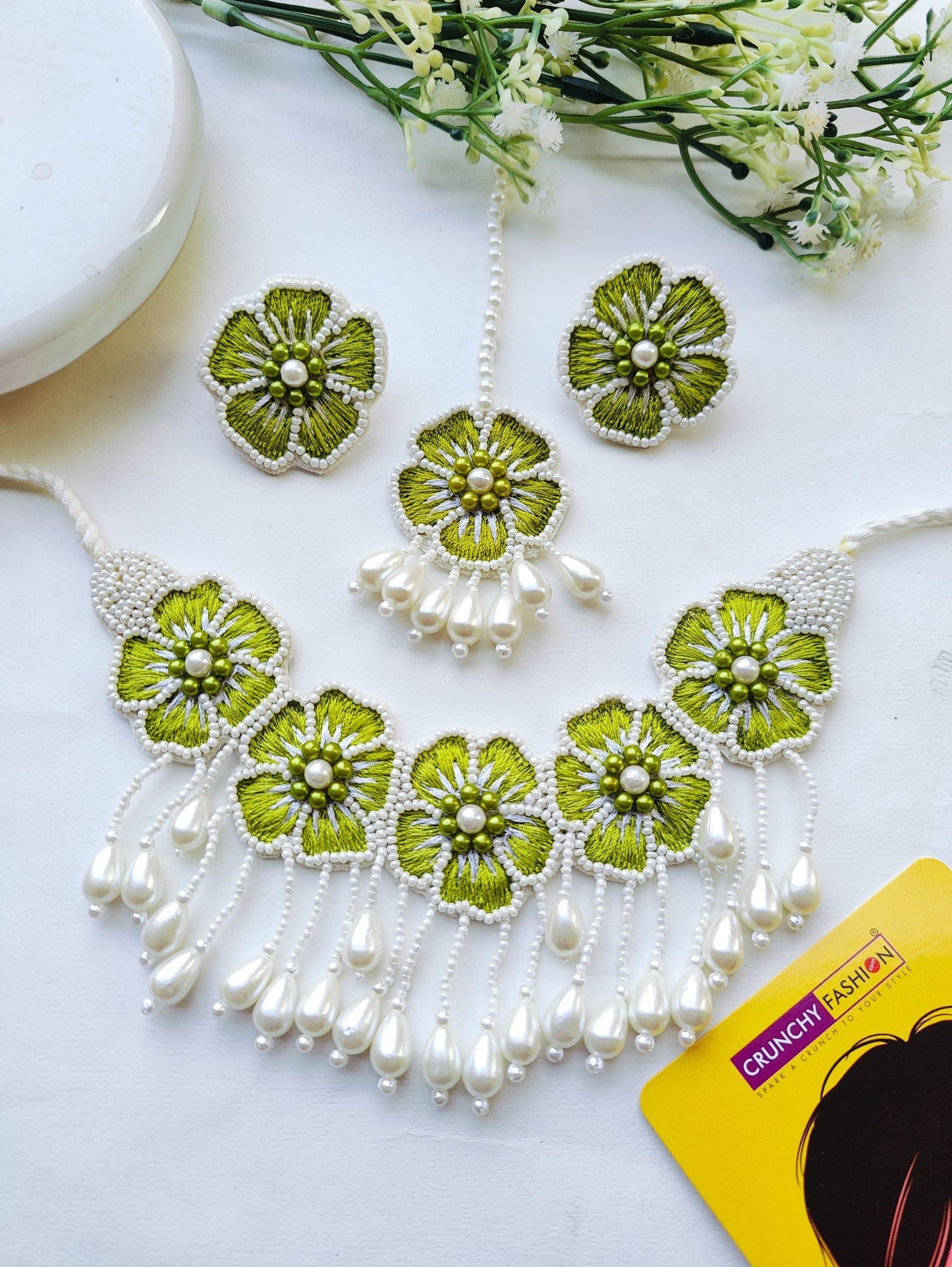 Bridal haldi-mehndi green, handmade flower jewellery set