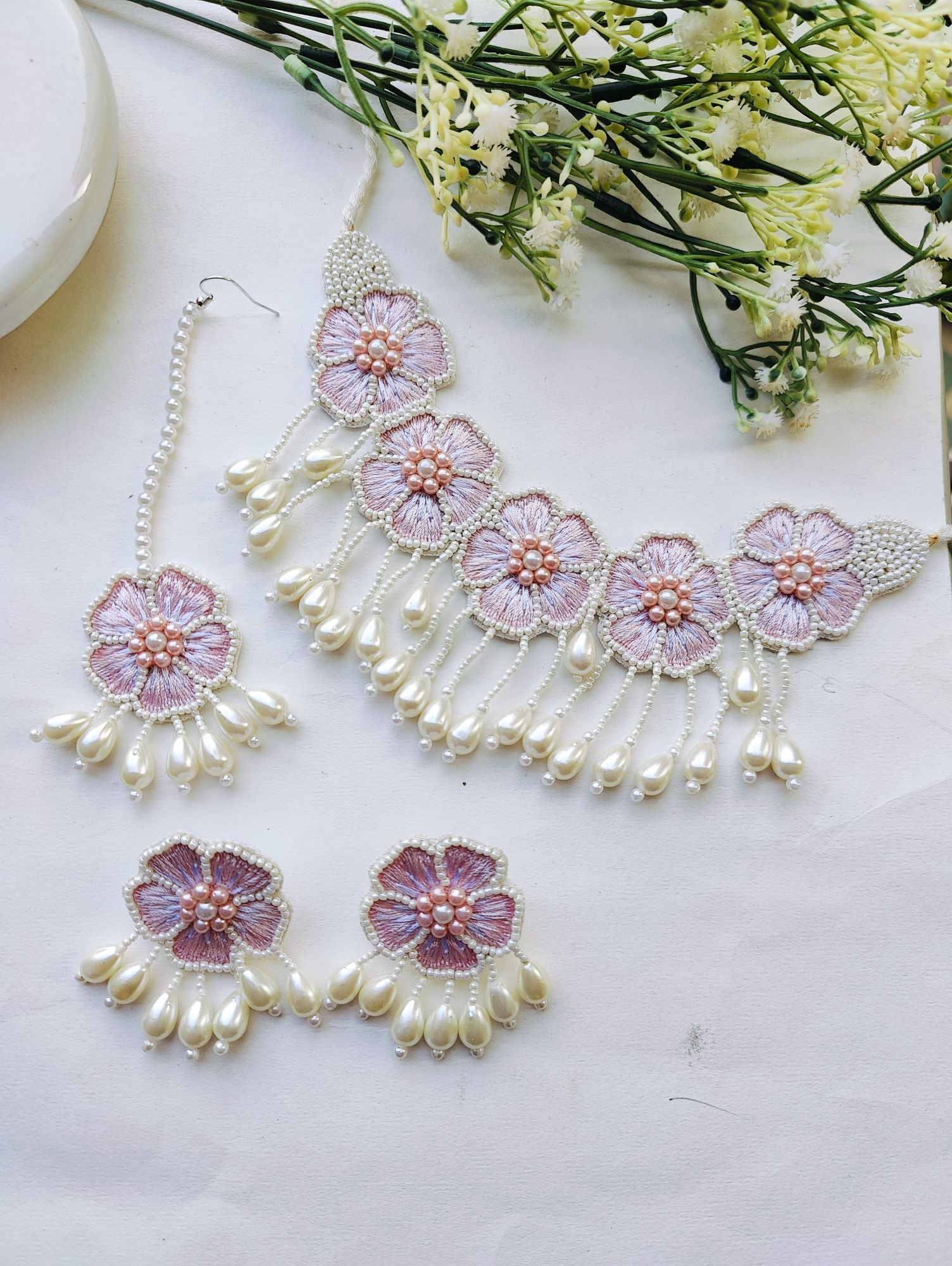 Handmade light green beaded Haldi-Mehndi jewellery set with pink necklace and drop earrings for women