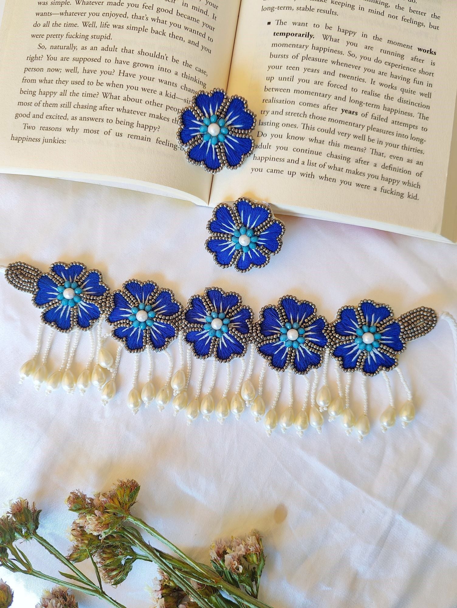 Handmade flower shape stud earrings in blue and white color ideal for women and girls