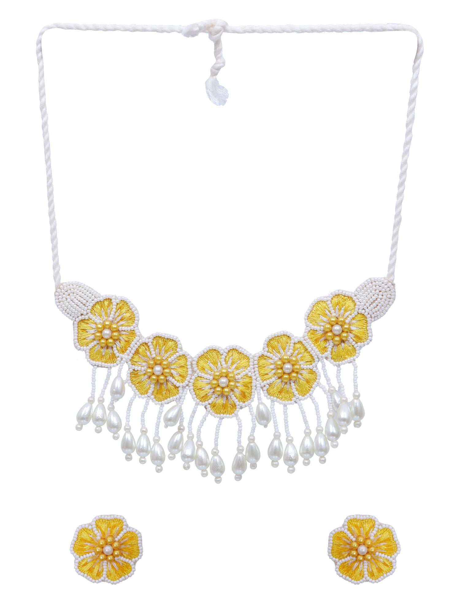 Floral themed choker necklace in yellow and white, ideal for everyday wear, handmade from base beads