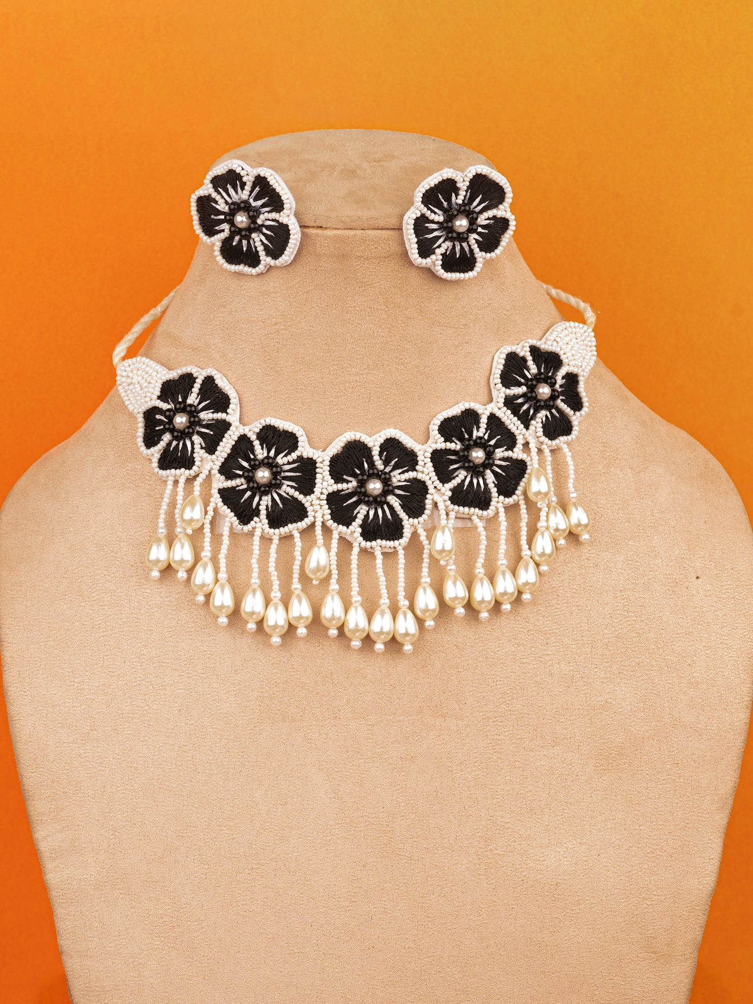 Blossom Bliss Beaded Floral Choker Set Handcrafted Monochrome