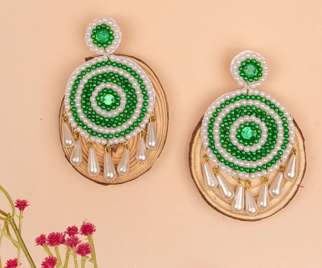 Handmade beaded Green White Pearls Earrings