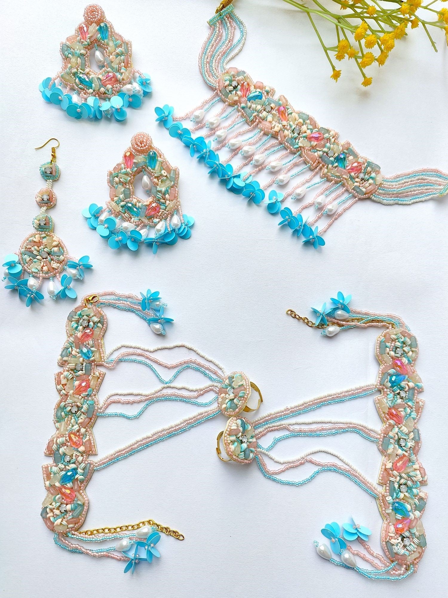 Chic Handcrafted Sky-Blue & Pink Floral Haldi Jewelry Set