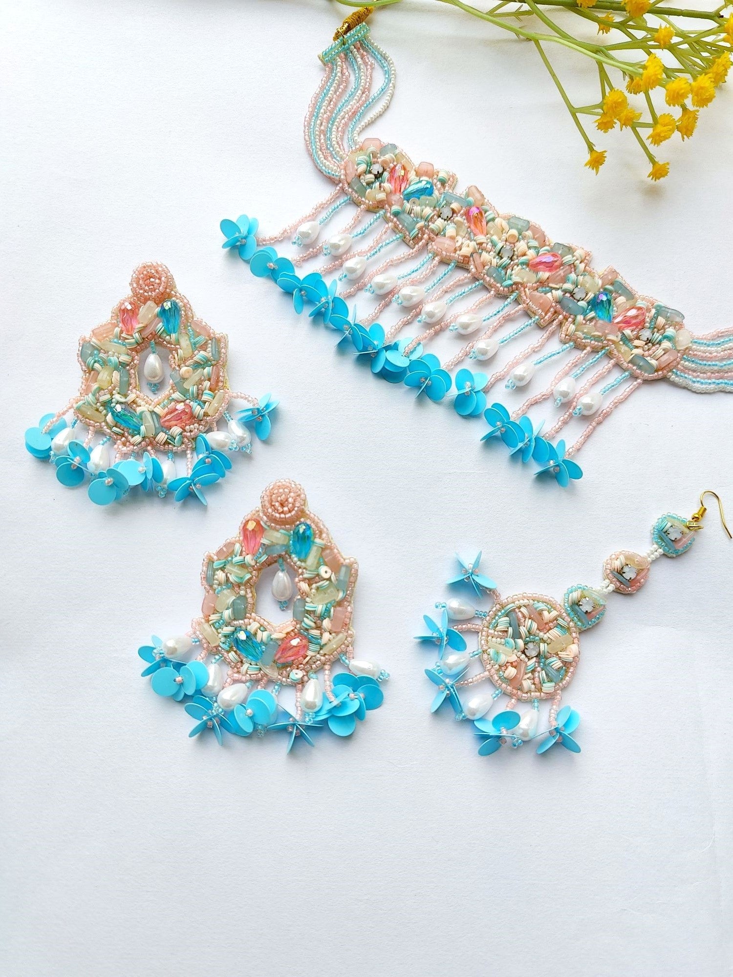 Chic Handcrafted Sky-Blue & Pink Floral Haldi Jewelry Set
