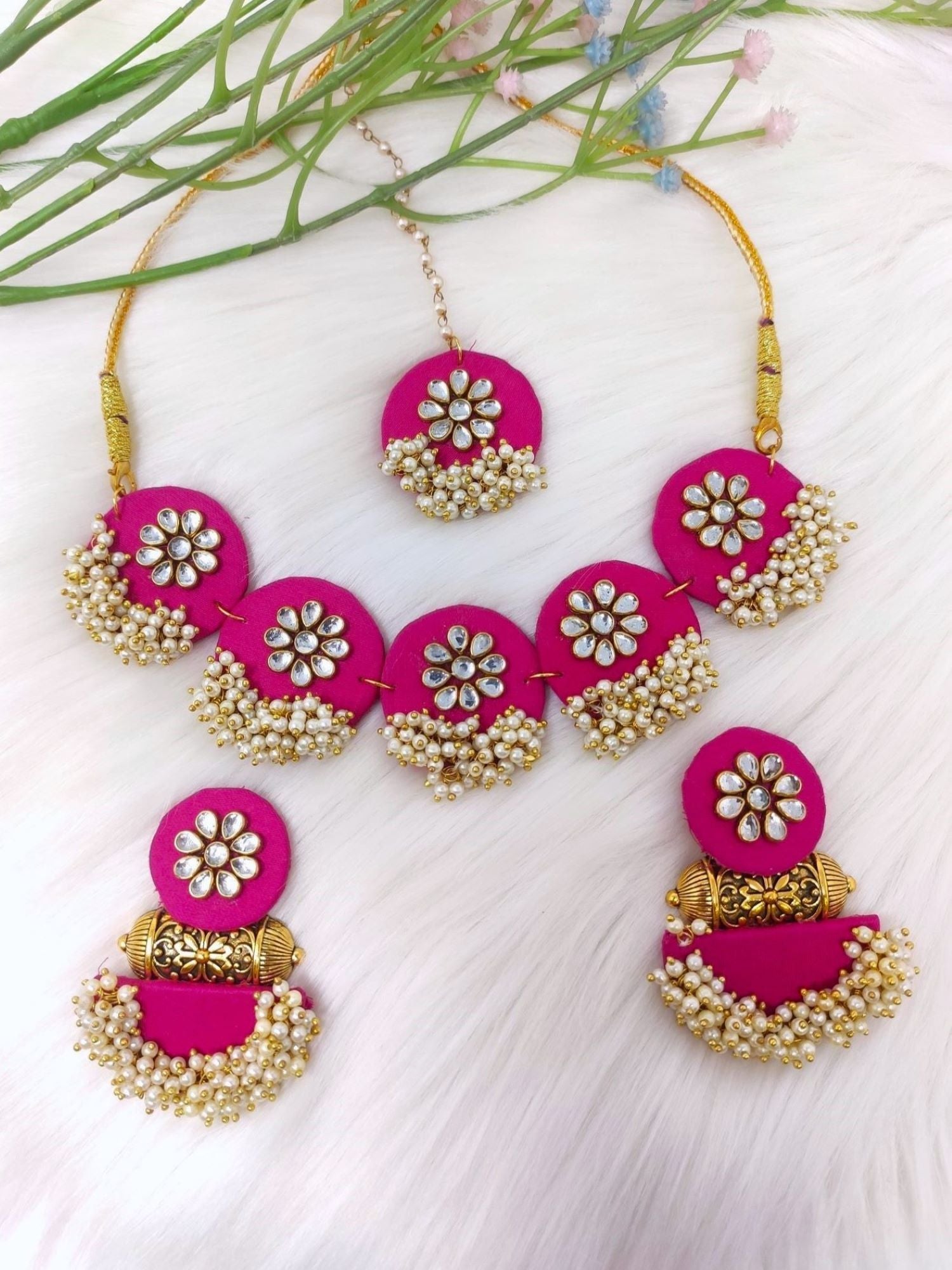 Pink Splendor: Handmade Floral Beaded Jewelry Set for Festive Occasions