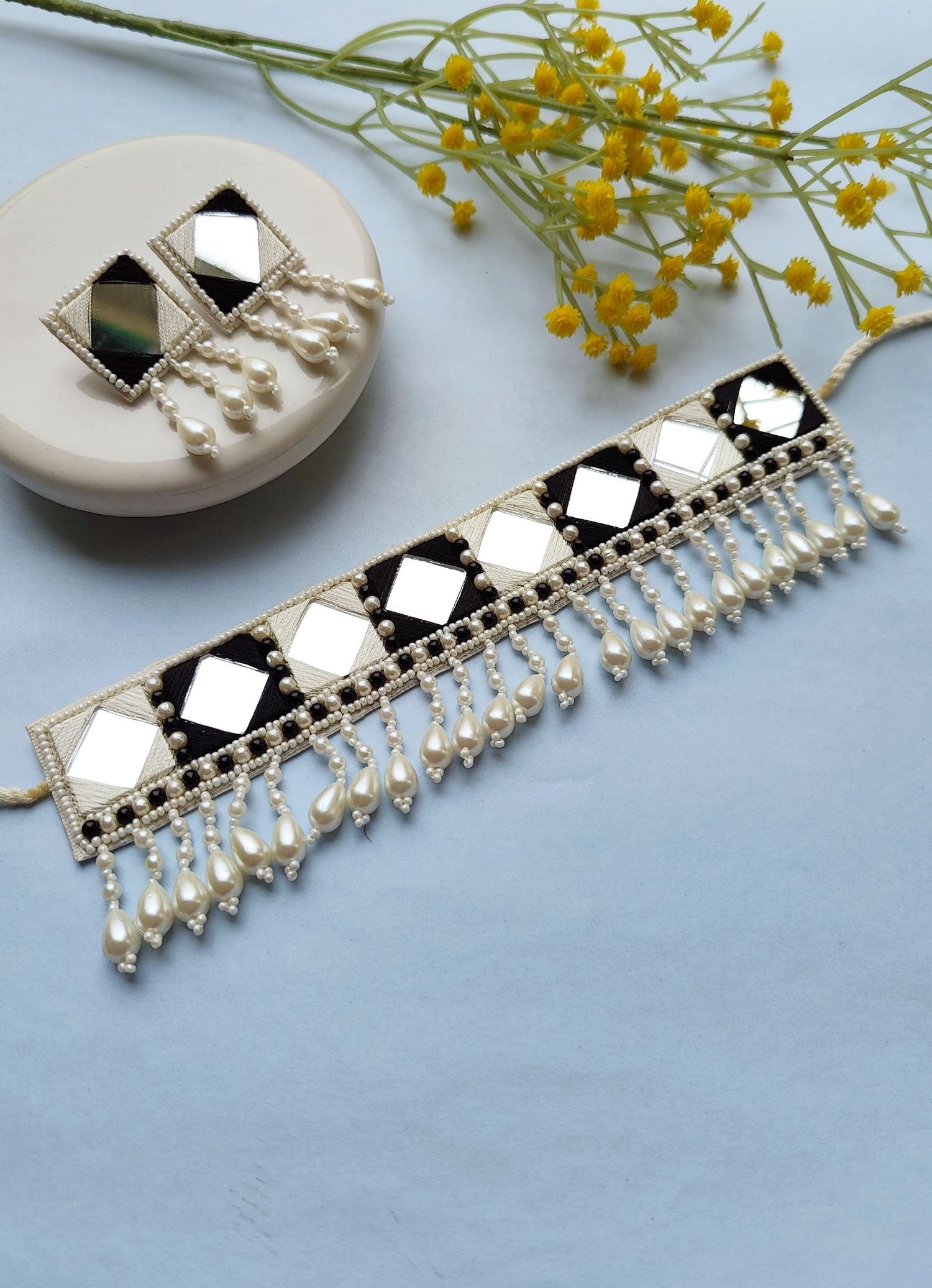 Mirror Glamour: Handcrafted Pearl-Embellished Black-White Choker Set