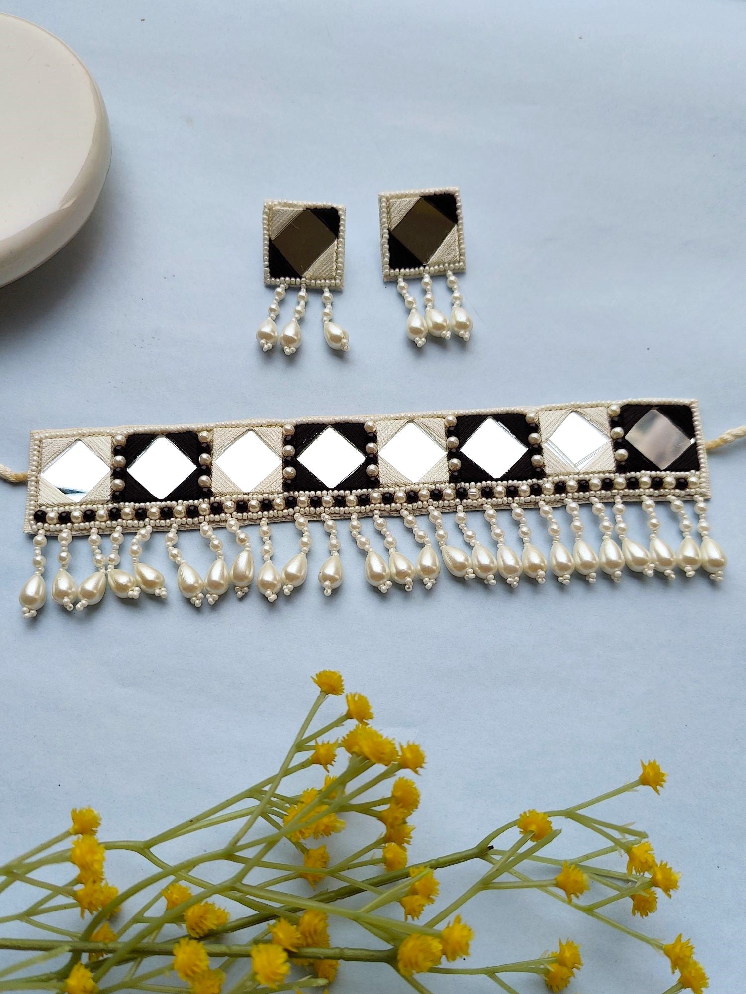 Mirror Glamour: Handcrafted Pearl-Embellished Black-White Choker Set