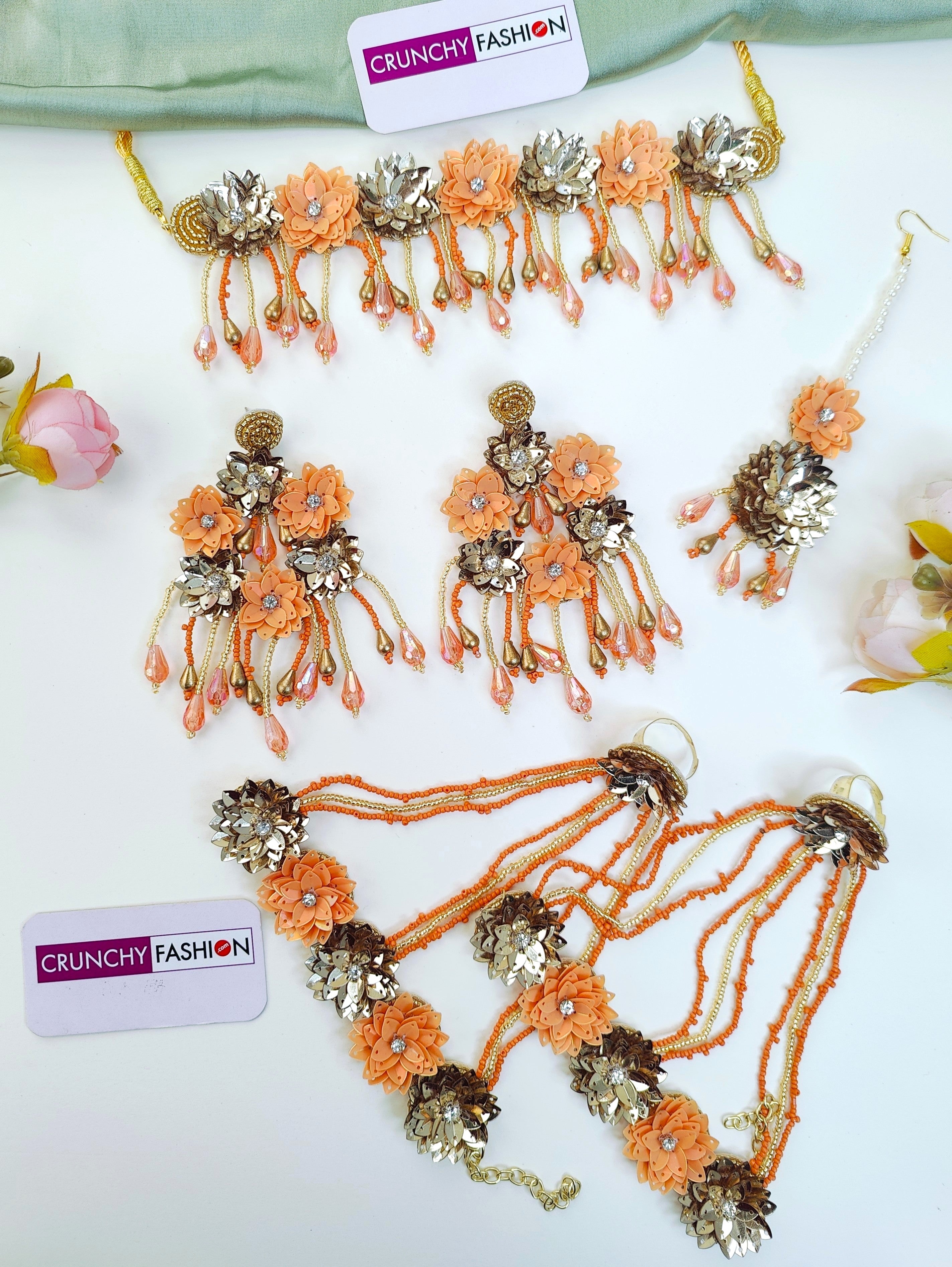 Orange-Gold Haldi-Mehndi Floral Jewellery Set