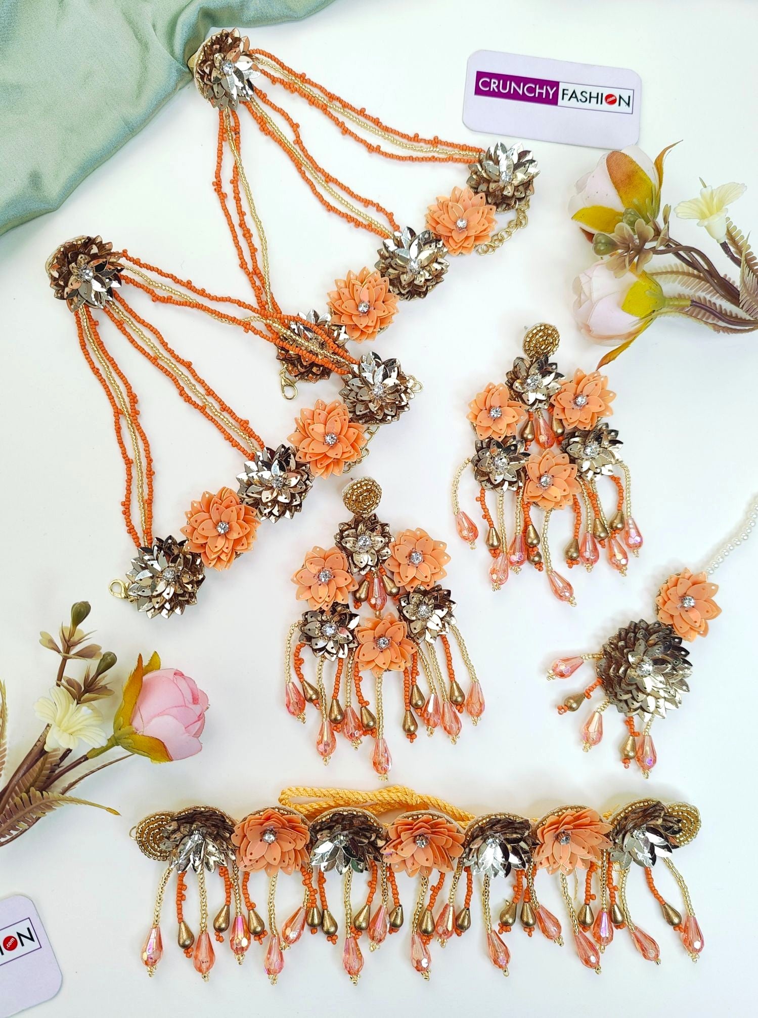 Orange-Gold Haldi-Mehndi Floral Jewellery Set