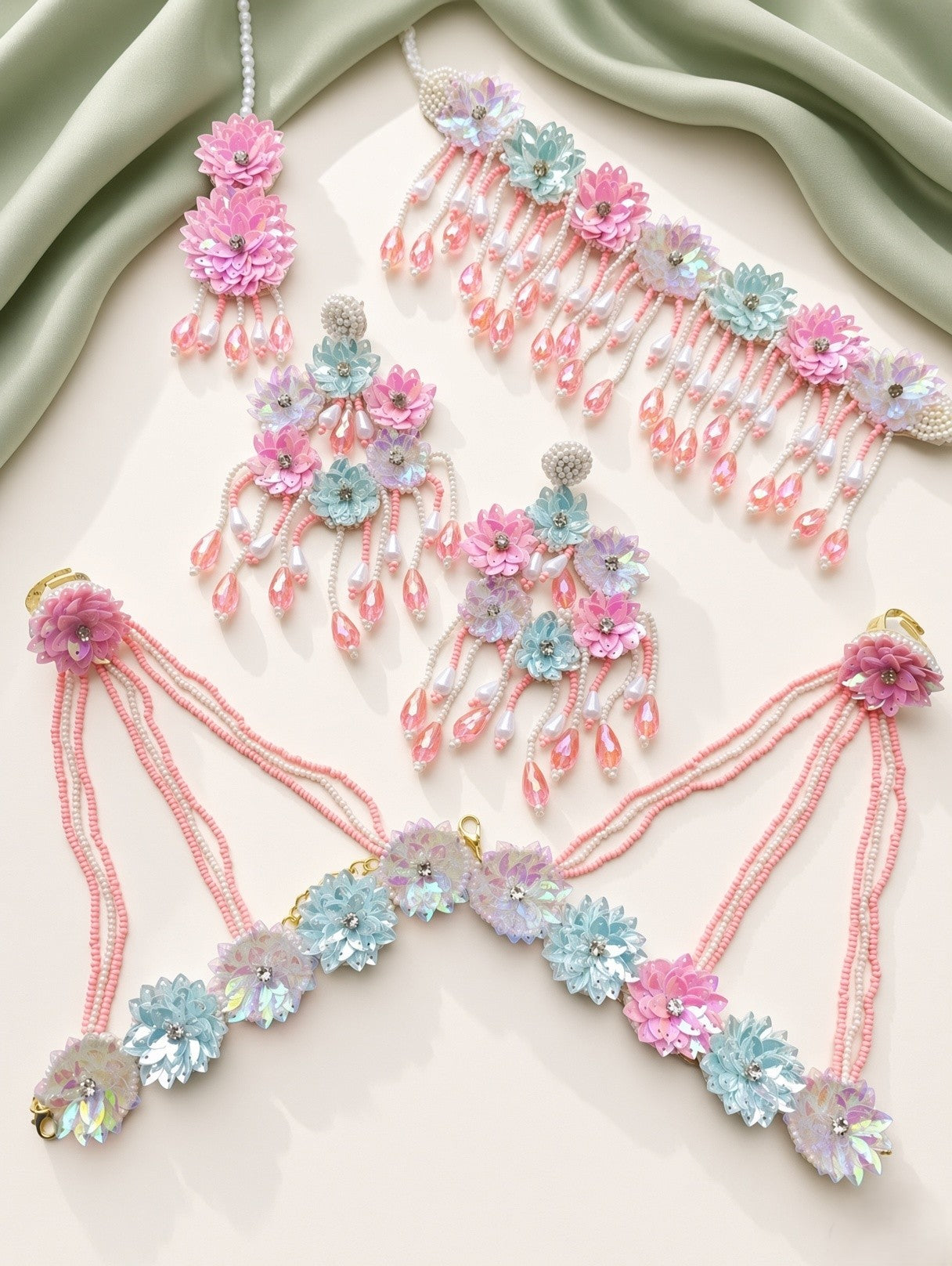Handcrafted Pastel Pink & Powder-Blue Floral Beaded Ensemble