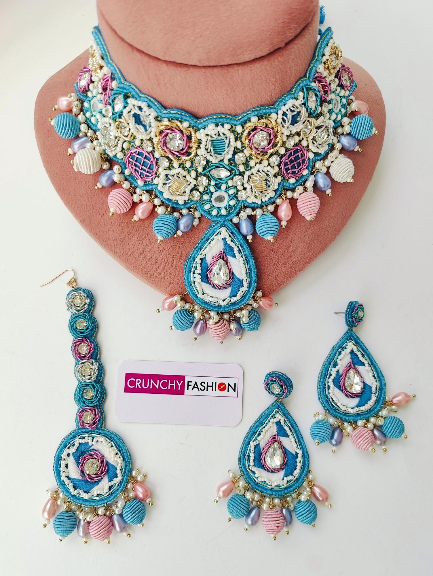 Ethereal Sky-Blue Handcrafted Floral Jewelry Set - Perfect for Haldi/Mehndi Ceremonies