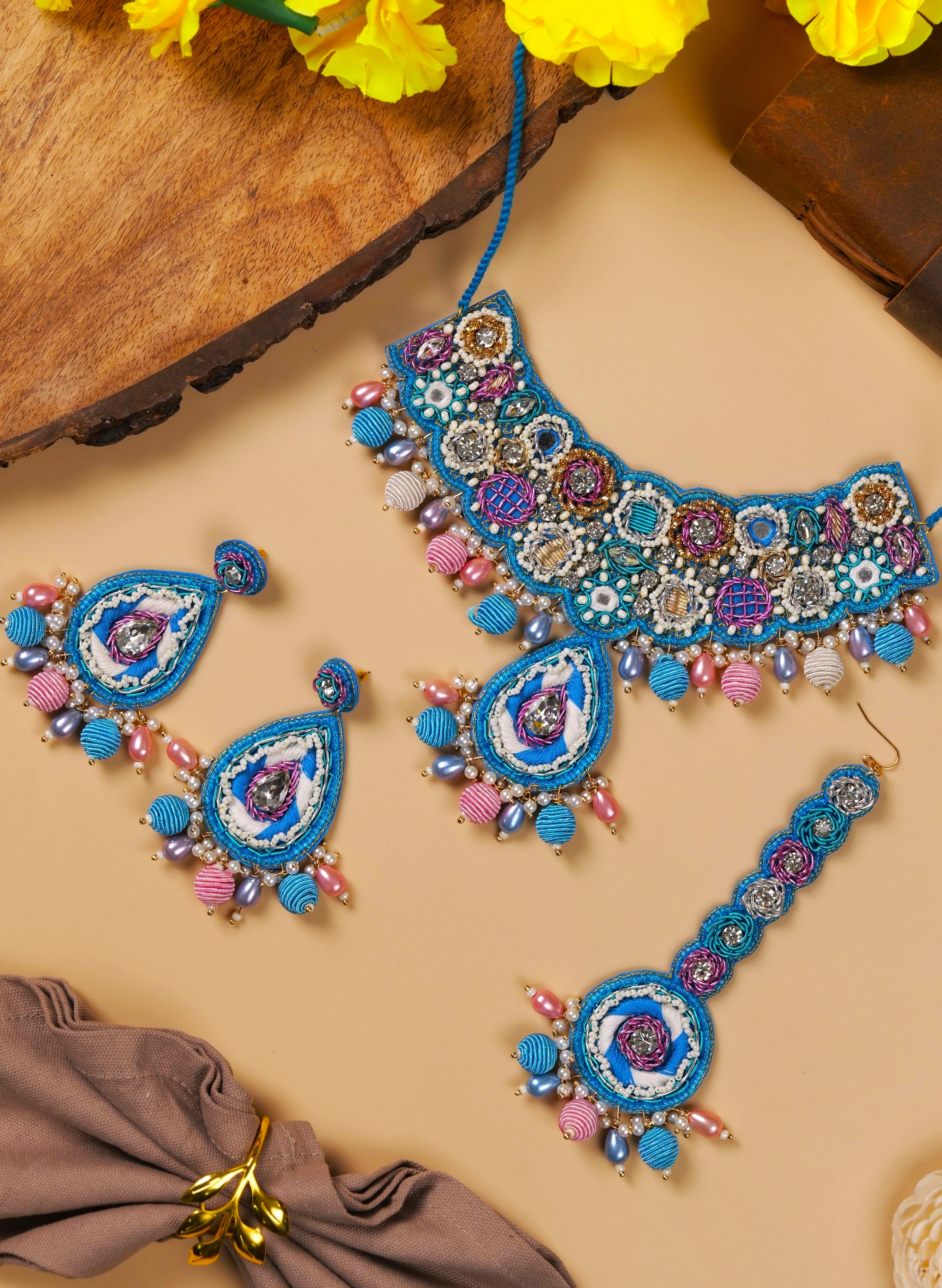 Ethereal Sky-Blue Handcrafted Floral Jewelry Set - Perfect for Haldi/Mehndi Ceremonies