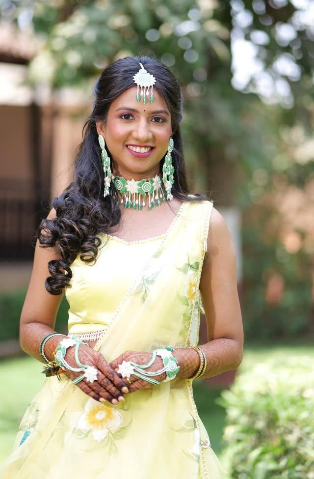 Handmade Green-White Beaded Jewellery Set for Haldi-Mehndi