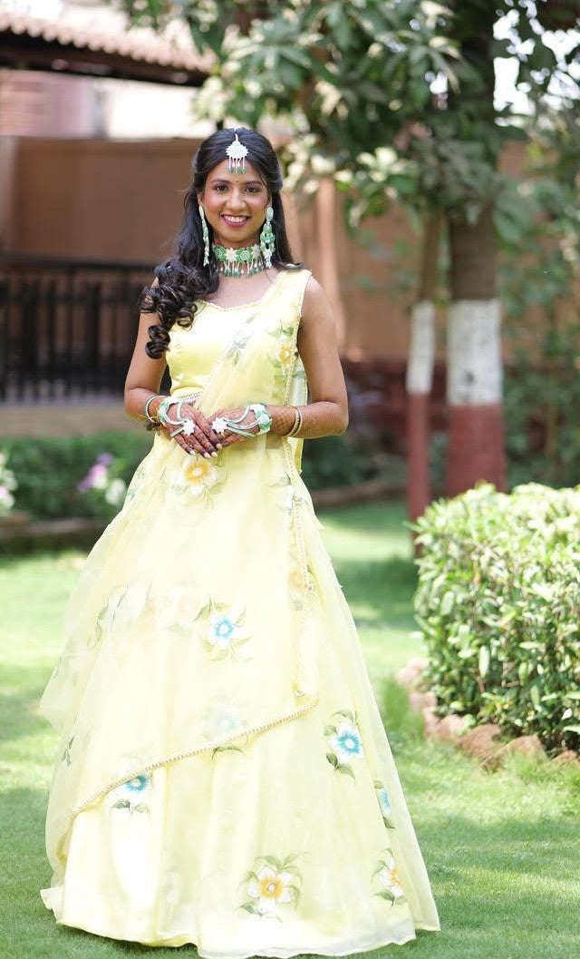 Handmade Green-White Beaded Jewellery Set for Haldi-Mehndi