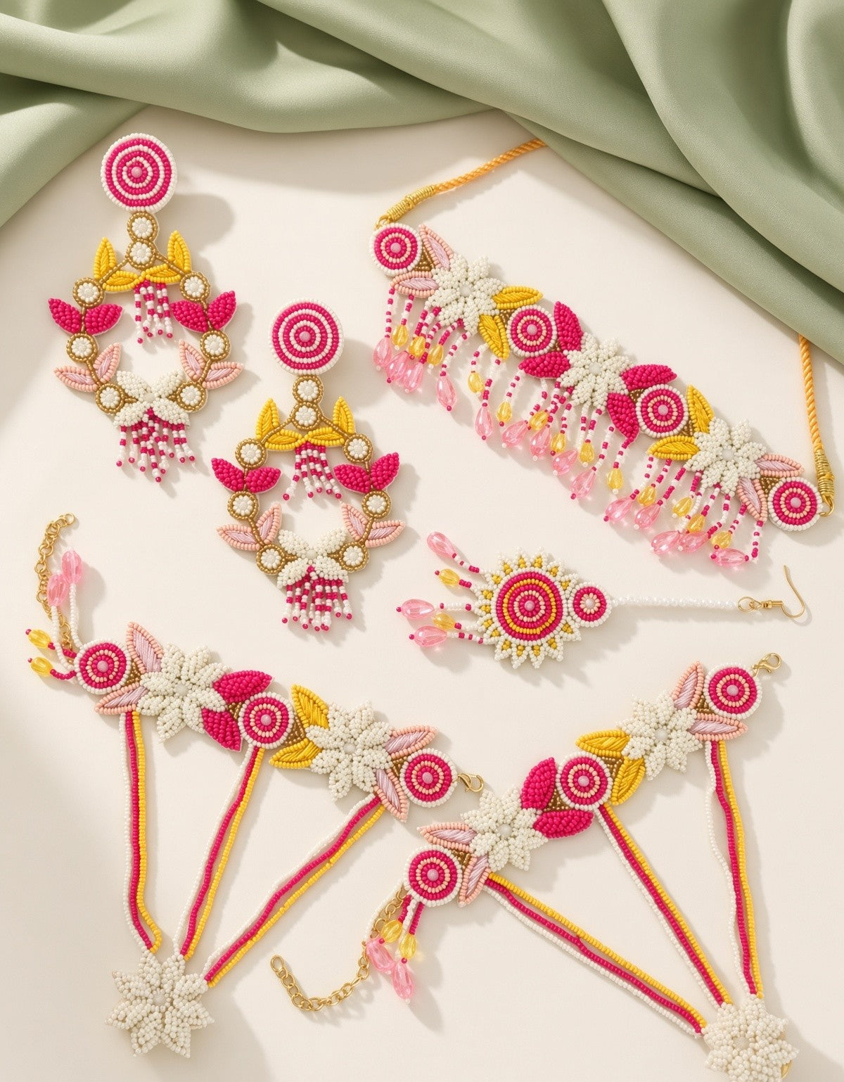 Pink, Yellow, & Peach Beaded Floral Jewelry Set for Haldi, Mehndi, Baby Shower