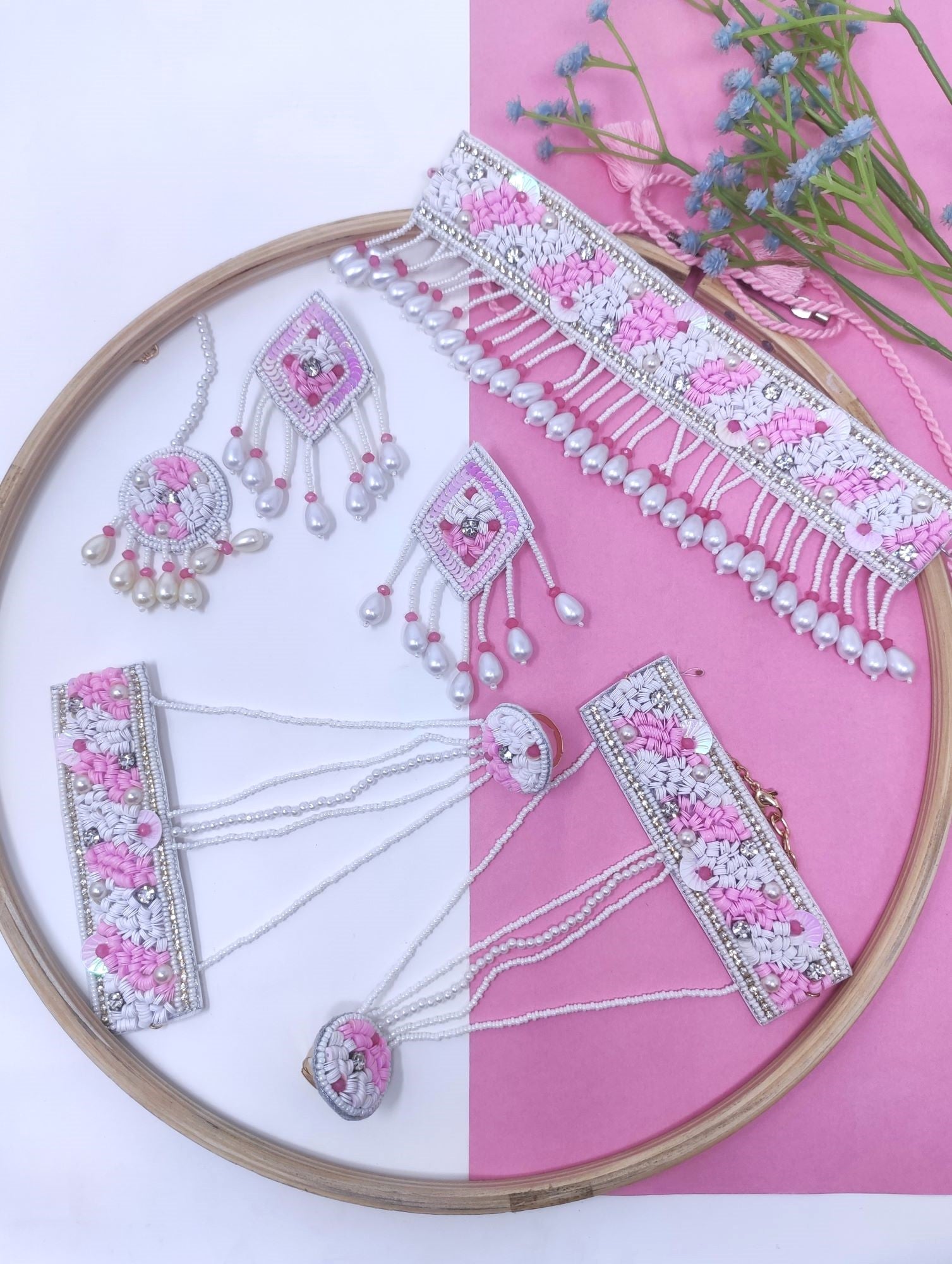 Handmade White-Pink Floral Pearl Set for Haldi & Mehndi Ceremonies