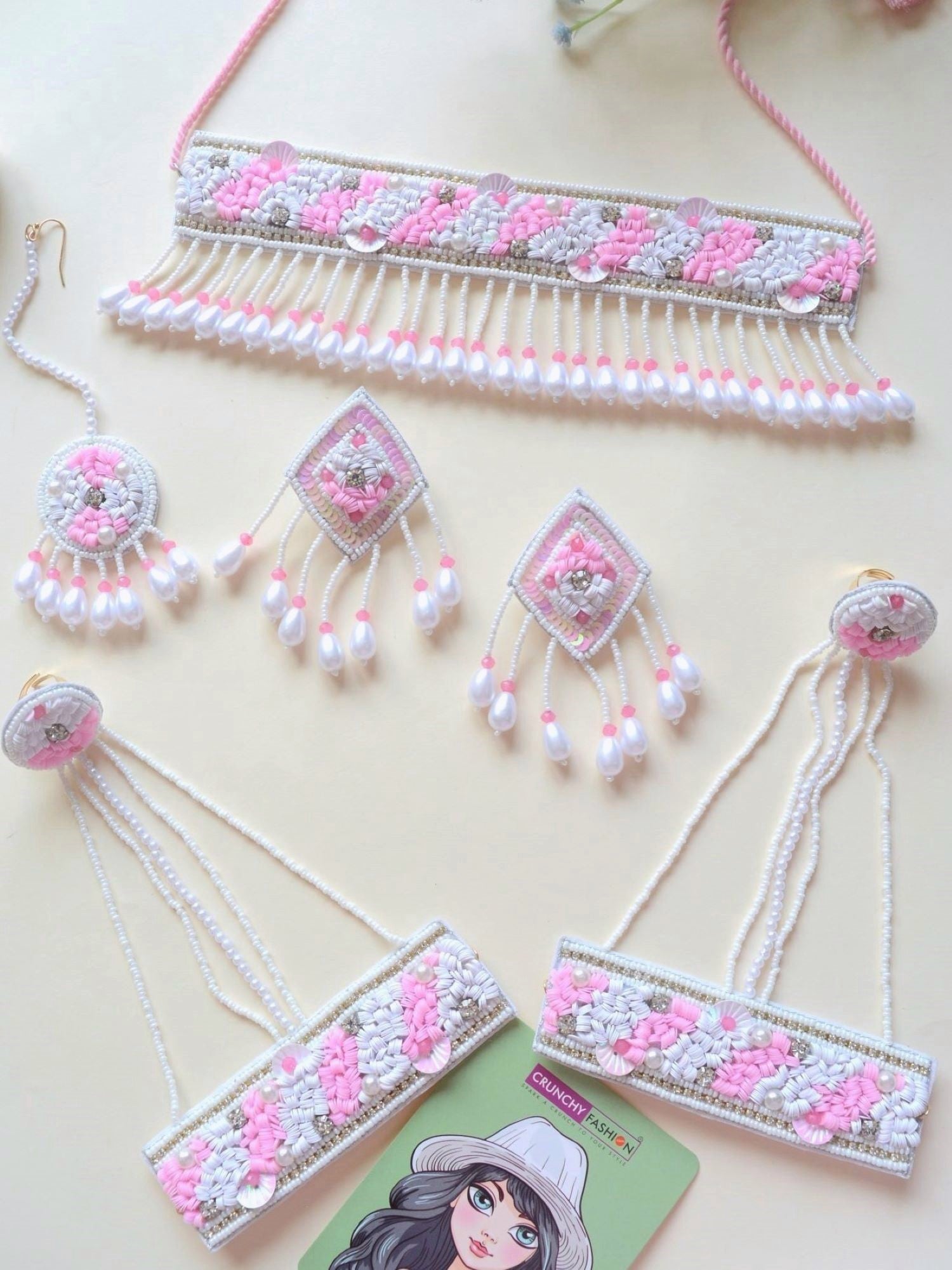 Handmade White-Pink Floral Pearl Set for Haldi & Mehndi Ceremonies