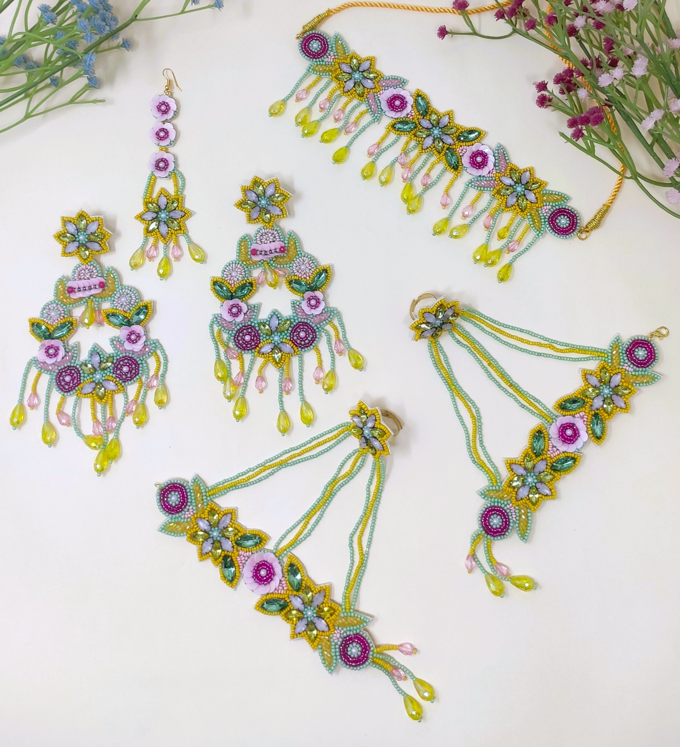 Elevated Festive Charm: Yellow-Mint Green Handmade Floral Necklace Set for Haldi-Mehndi