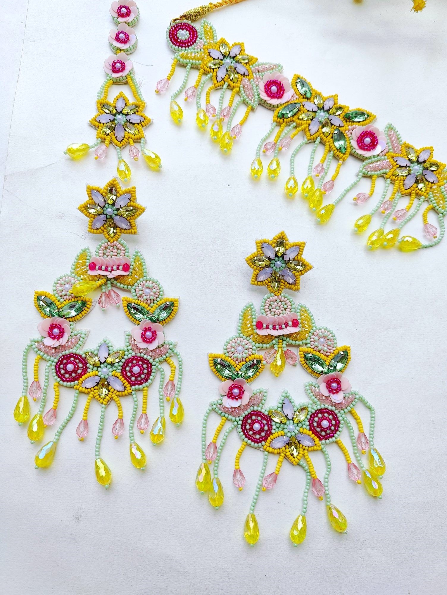 Elevated Festive Charm: Yellow-Mint Green Handmade Floral Necklace Set for Haldi-Mehndi