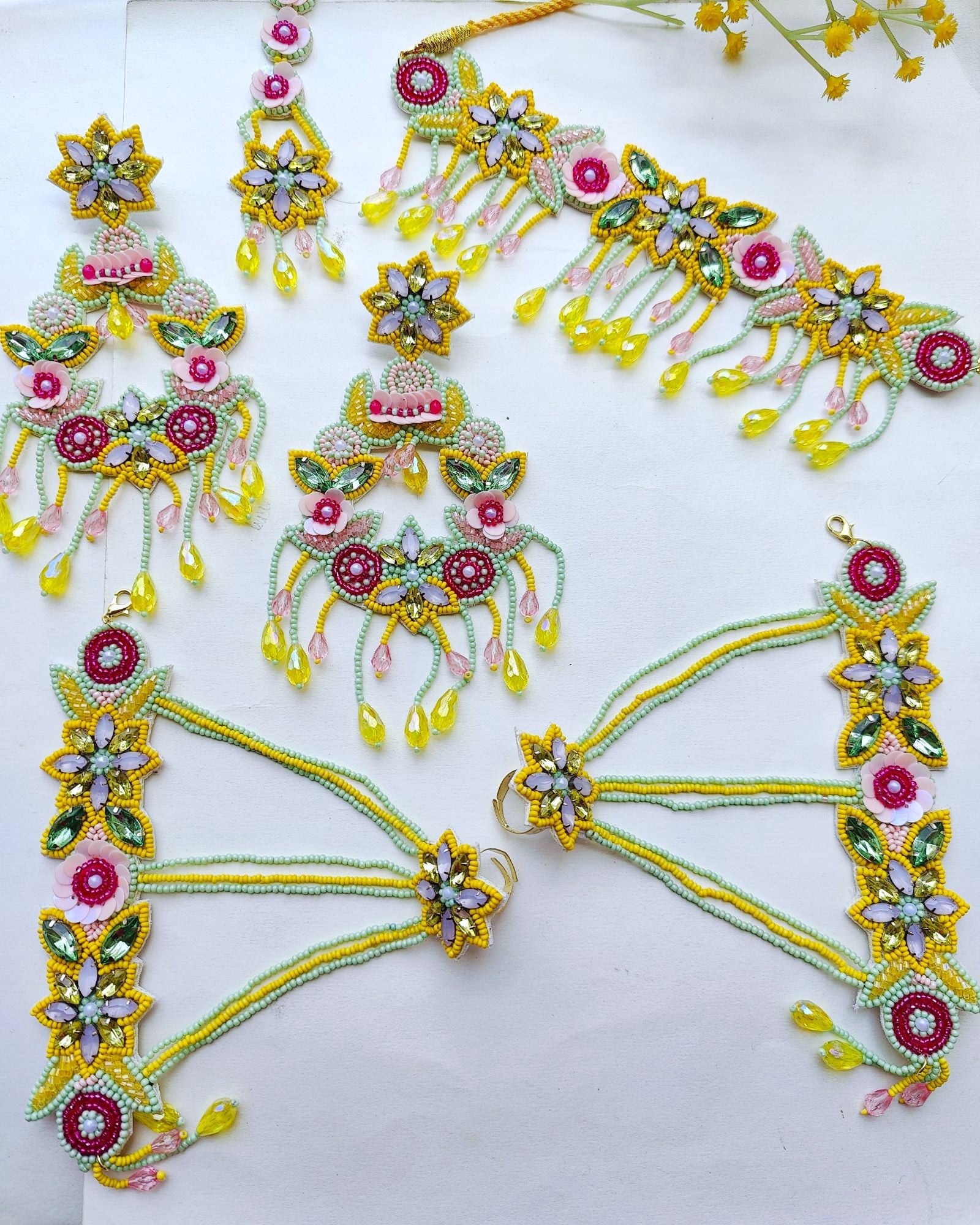 Elevated Festive Charm: Yellow-Mint Green Handmade Floral Necklace Set for Haldi-Mehndi