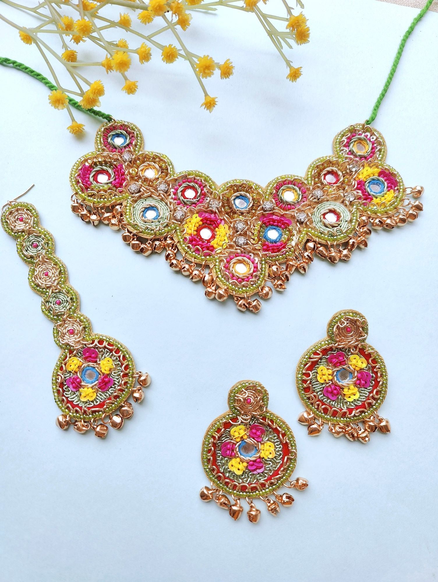 Bridal green haldi-mehndi handmade jewellery set with floral
