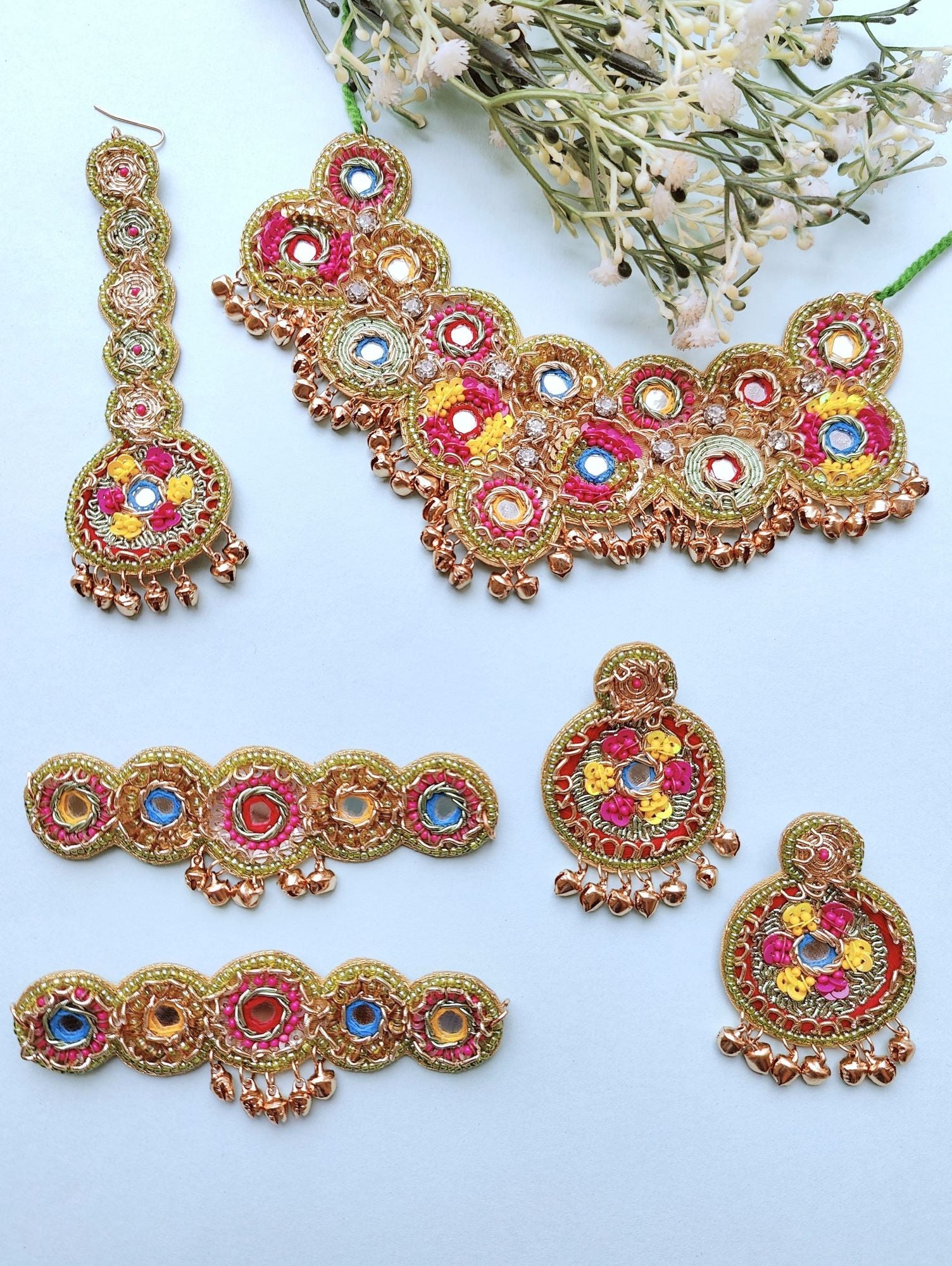 Bridal green haldi-mehndi handmade jewellery set with floral