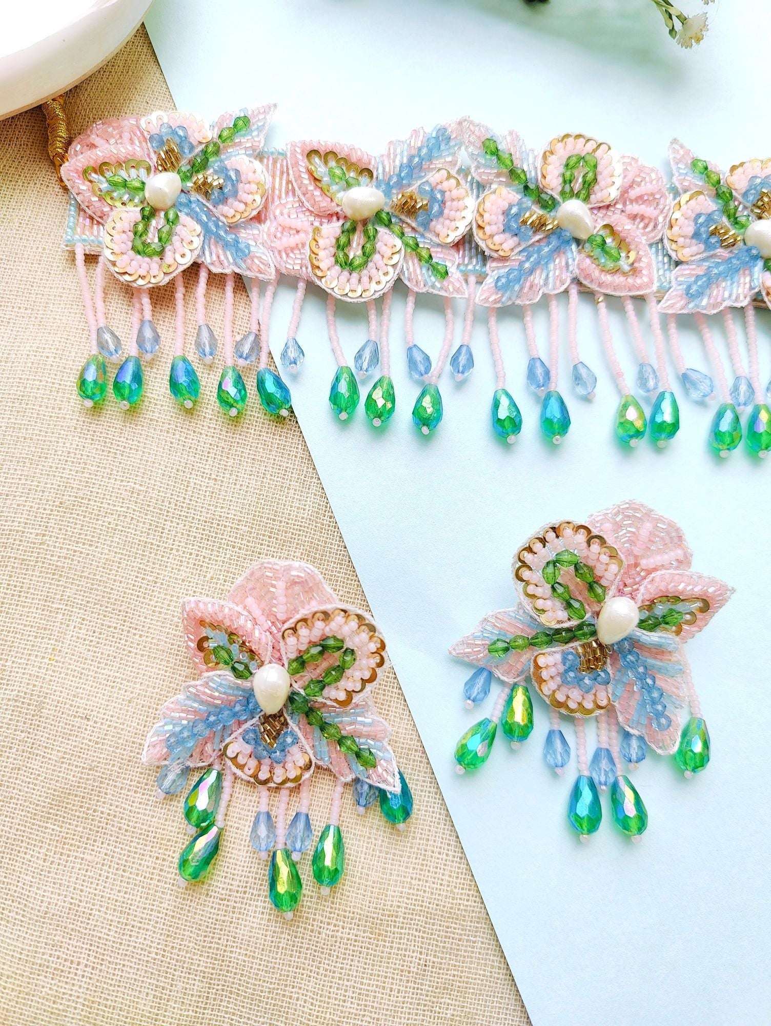 Baby Pink-Green floral Haldi Mehndi bridal jewellery set, ideal for women with beaded, pearl material.