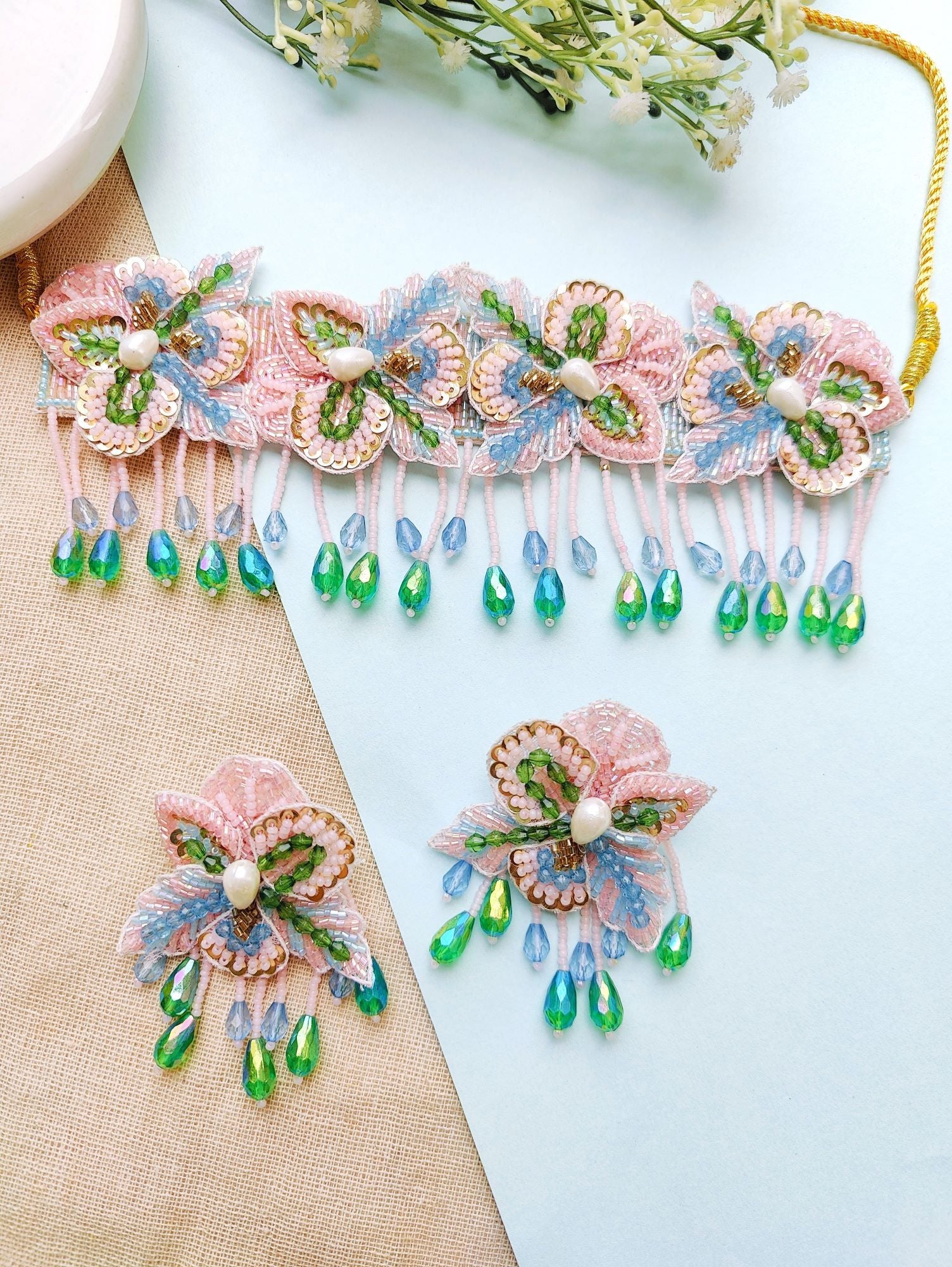 Baby Pink-Green floral Haldi Mehndi bridal jewellery set, ideal for women with beaded, pearl material.