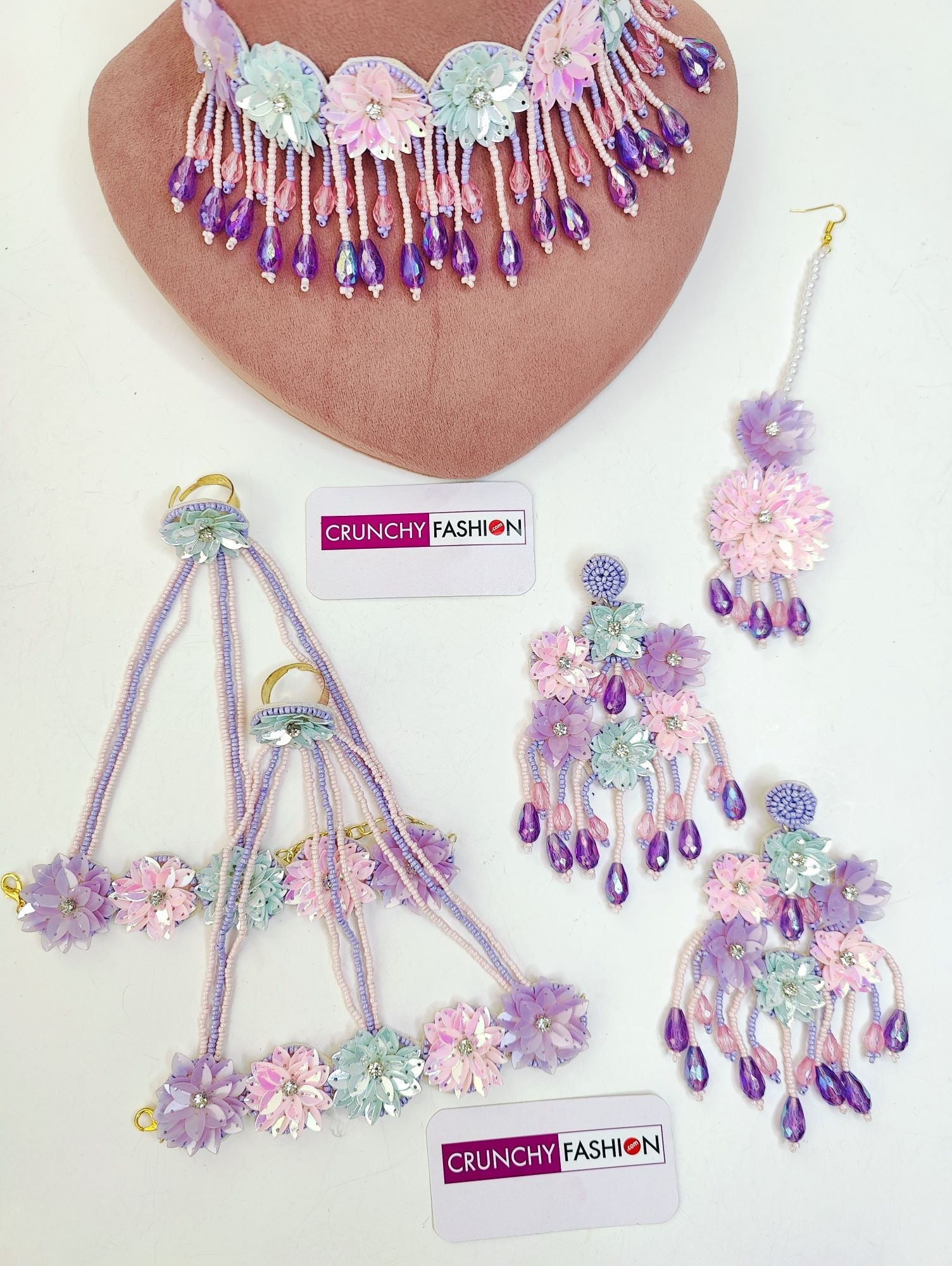 Lavender floral beaded jewellery set for brides with flower design for haldi or Mehndi occasion