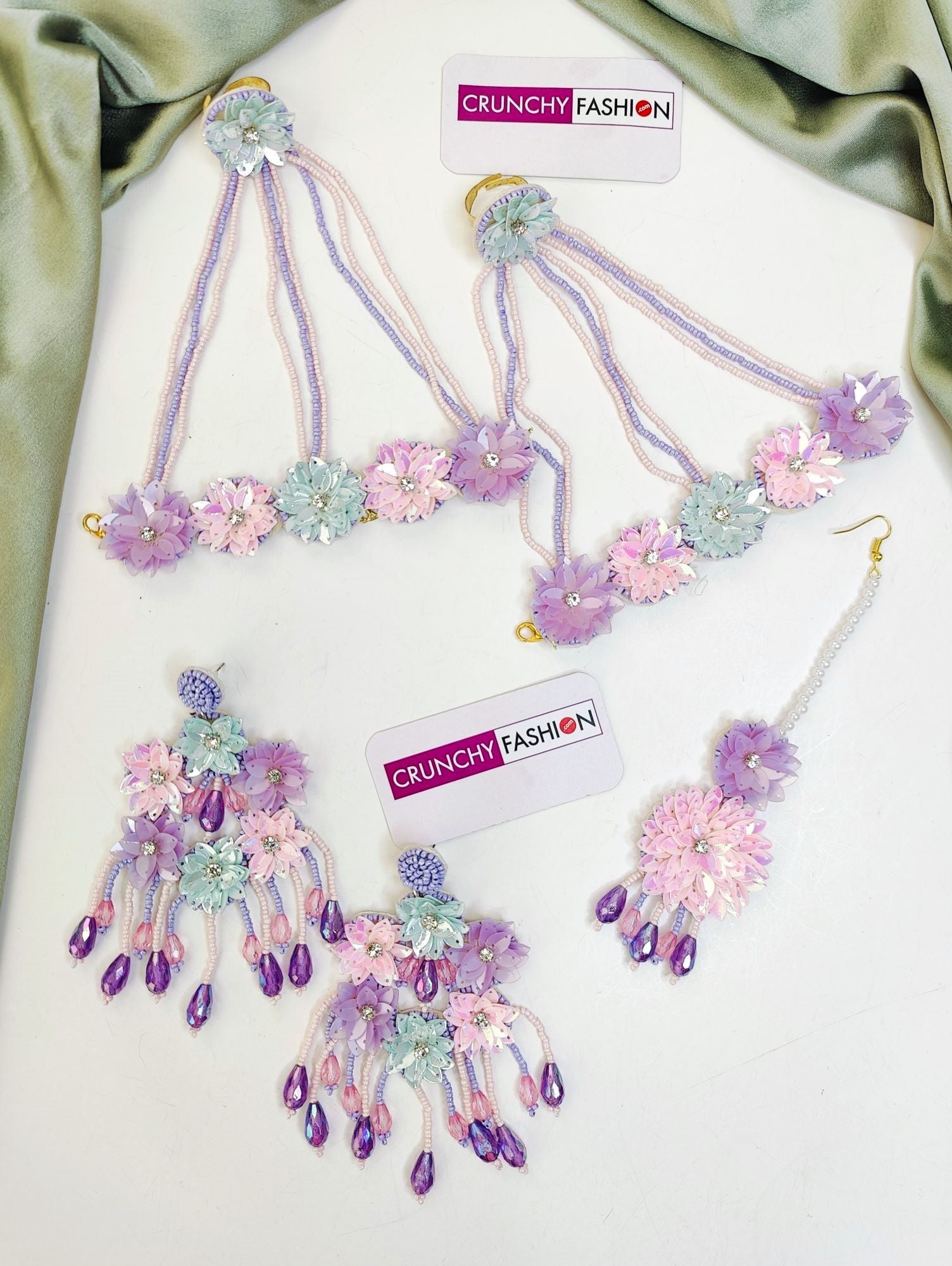 Lavender floral beaded jewellery set for brides with flower design for haldi or Mehndi occasion