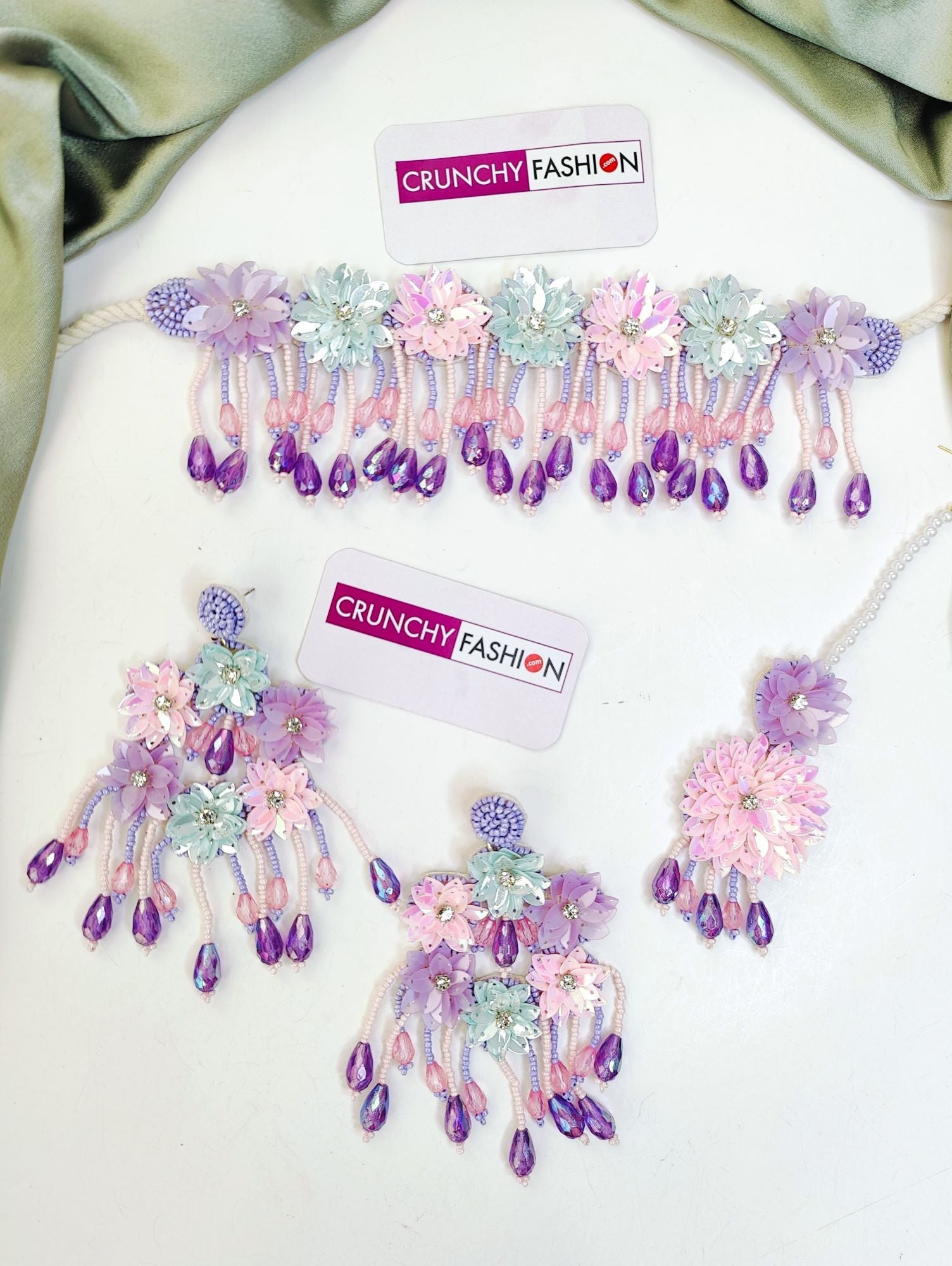 Lavender floral beaded jewellery set for brides with flower design for haldi or Mehndi occasion