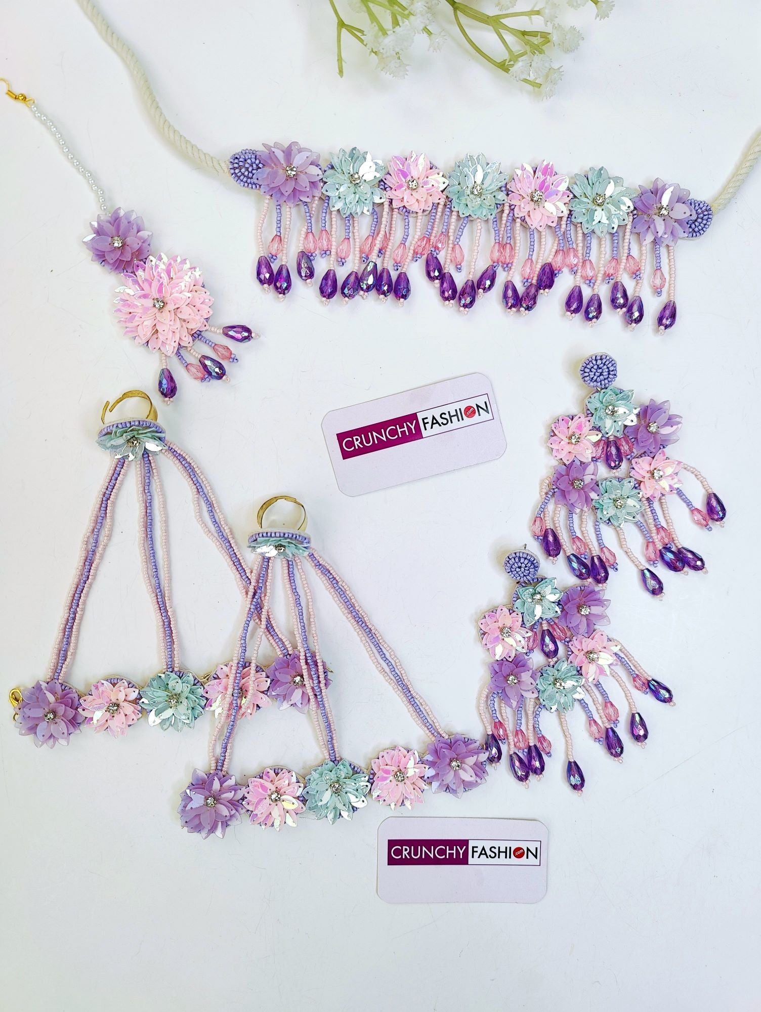 Lavender floral beaded jewellery set for brides with flower design for haldi or Mehndi occasion