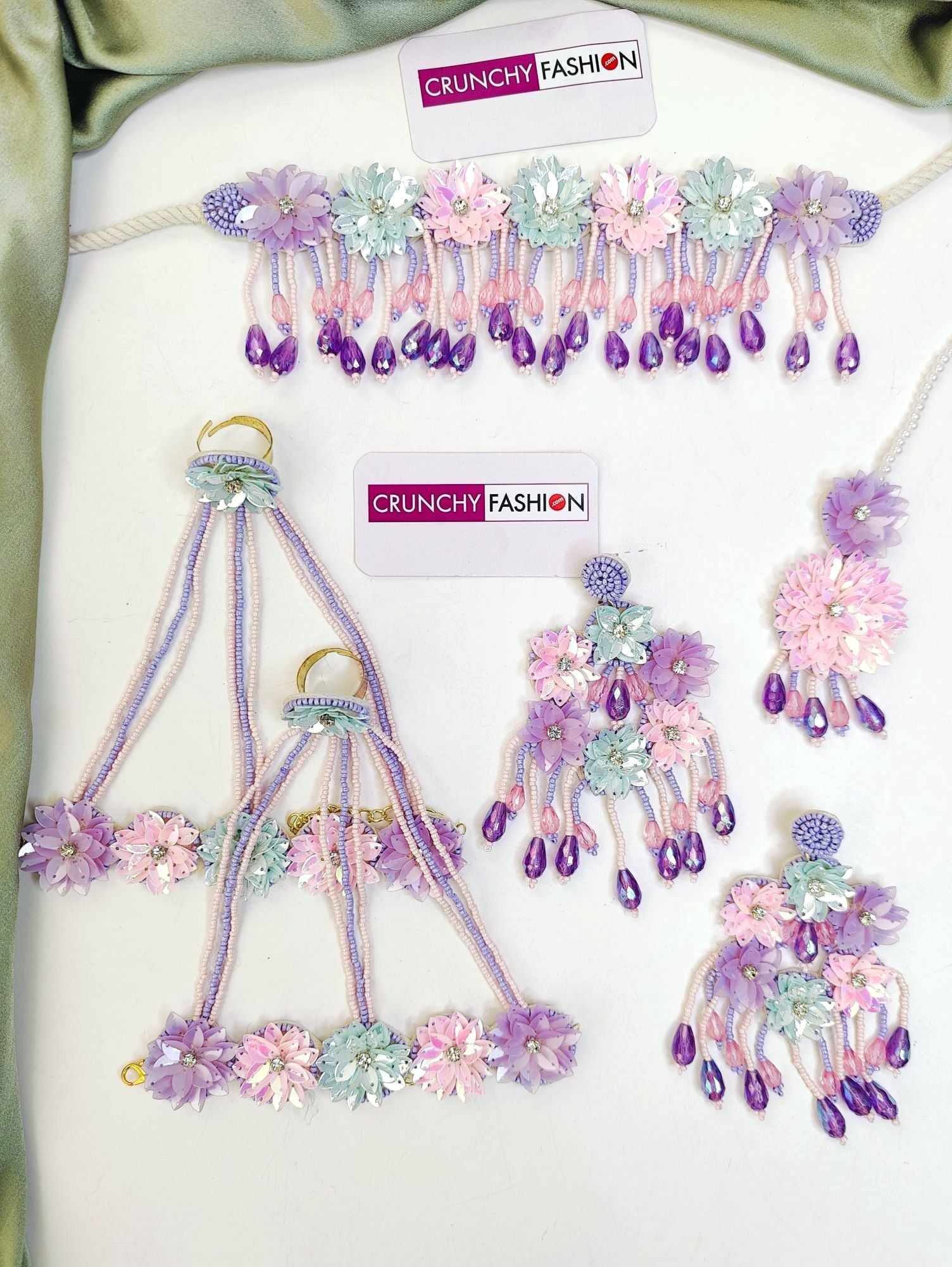Lavender floral beaded jewellery set for brides with flower design for haldi or Mehndi occasion